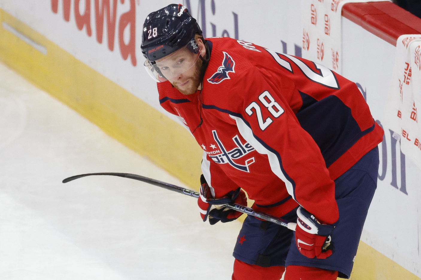 Oct 5, 2022; Washington, District of Columbia, USA; Washington Capitals right wing Connor Brown (28) on ice prior to the Capitals' game against the Detroit Red Wings at Capital One Arena. Mandatory Credit: Geoff Burke-USA TODAY Sports