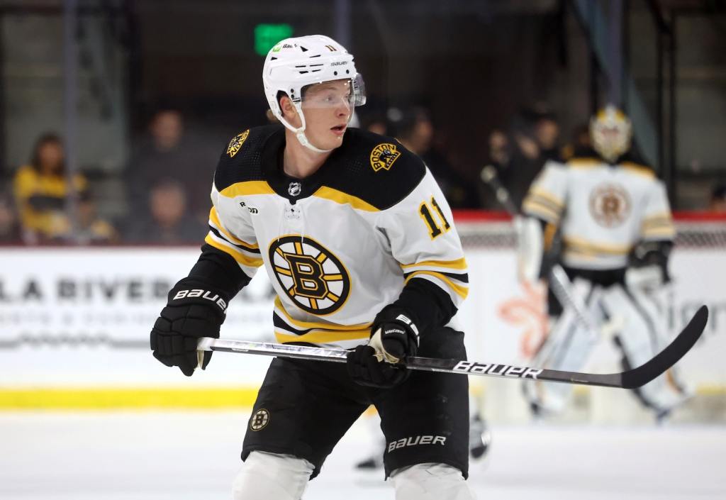 Dec 9, 2022; Tempe, Arizona, USA; Boston Bruins center Trent Frederic (11) against the Arizona Coyotes at Mullett Arena. Mandatory Credit: Mark J. Rebilas-USA TODAY Sports