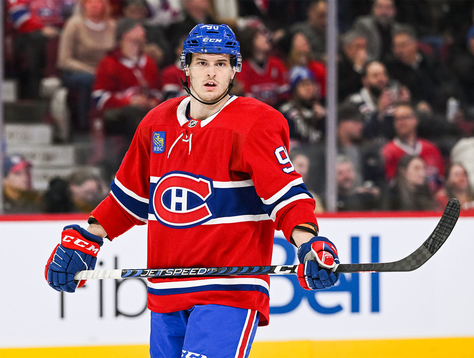 Mar 9, 2023; Montreal, Quebec, CAN; Montreal Canadiens center Anthony Richard (90) waits for the play to resume against the New York Rangers during the first period at Bell Centre. Mandatory Credit: David Kirouac-USA TODAY Sports