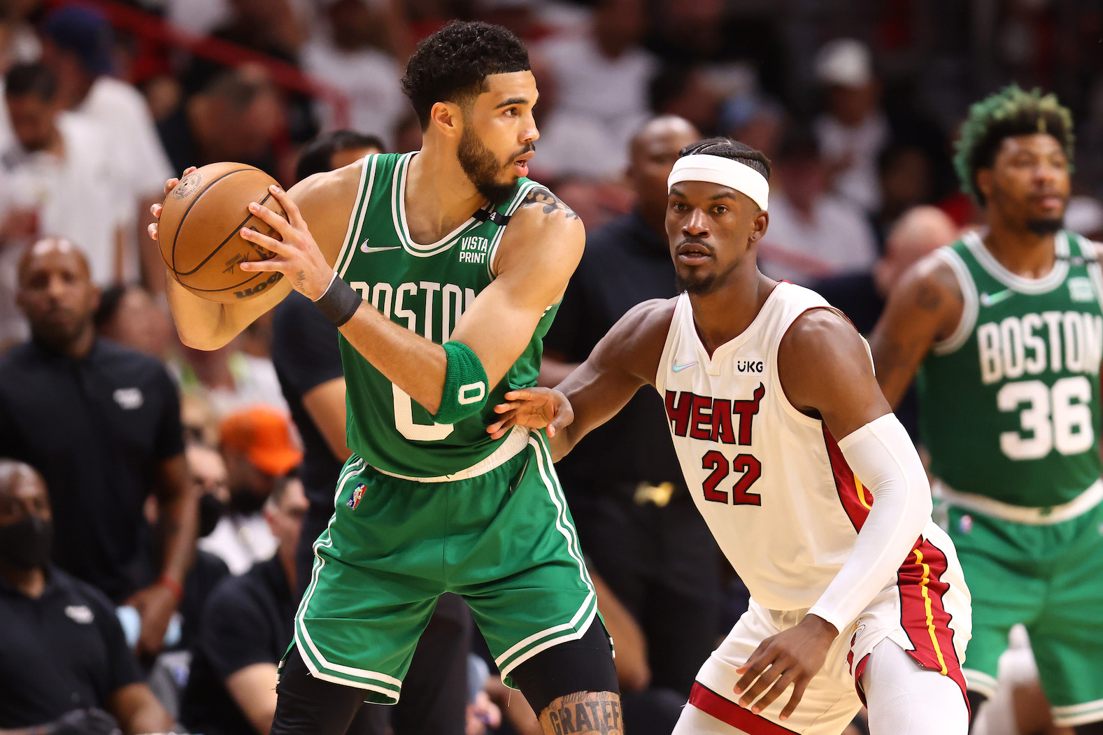 MIAMI, FLORIDA - MAY 19: Jimmy Butler #22 of the Miami Heat defends Jayson Tatum #0 of the Boston Celtics in Game Two of the 2022 NBA Playoffs Eastern Conference Finals at FTX Arena on May 19, 2022 in Miami, Florida. NOTE TO USER: User expressly acknowledges and agrees that, by downloading and or using this photograph, User is consenting to the terms and conditions of the Getty Images License Agreement. (Photo by Michael Reaves/Getty Images)