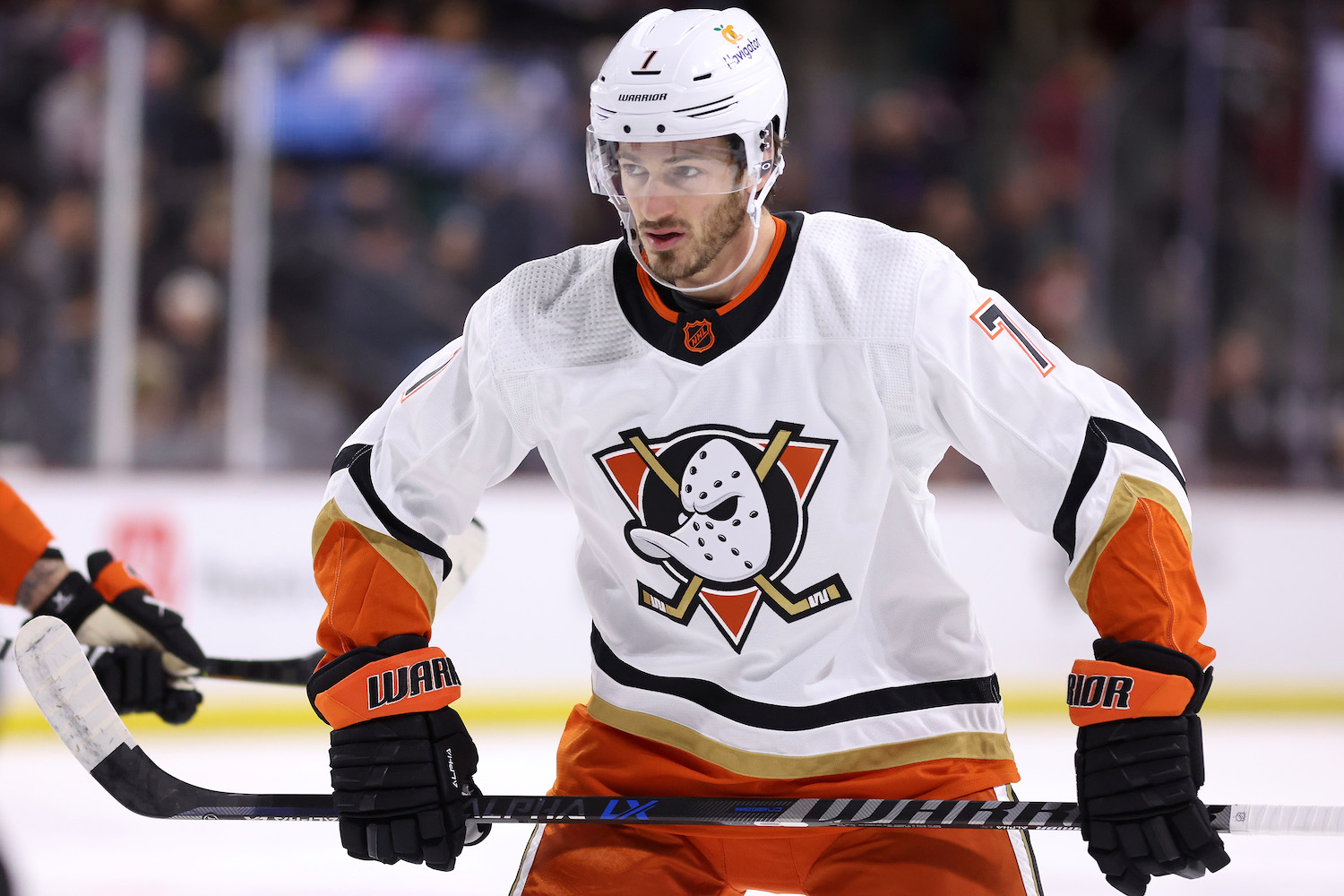 TEMPE, ARIZONA - JANUARY 24: Jayson Megna #7 of the Anaheim Ducks during the first period of the NHL game at Mullett Arena on January 24, 2023 in Tempe, Arizona. (Photo by Christian Petersen/Getty Images)