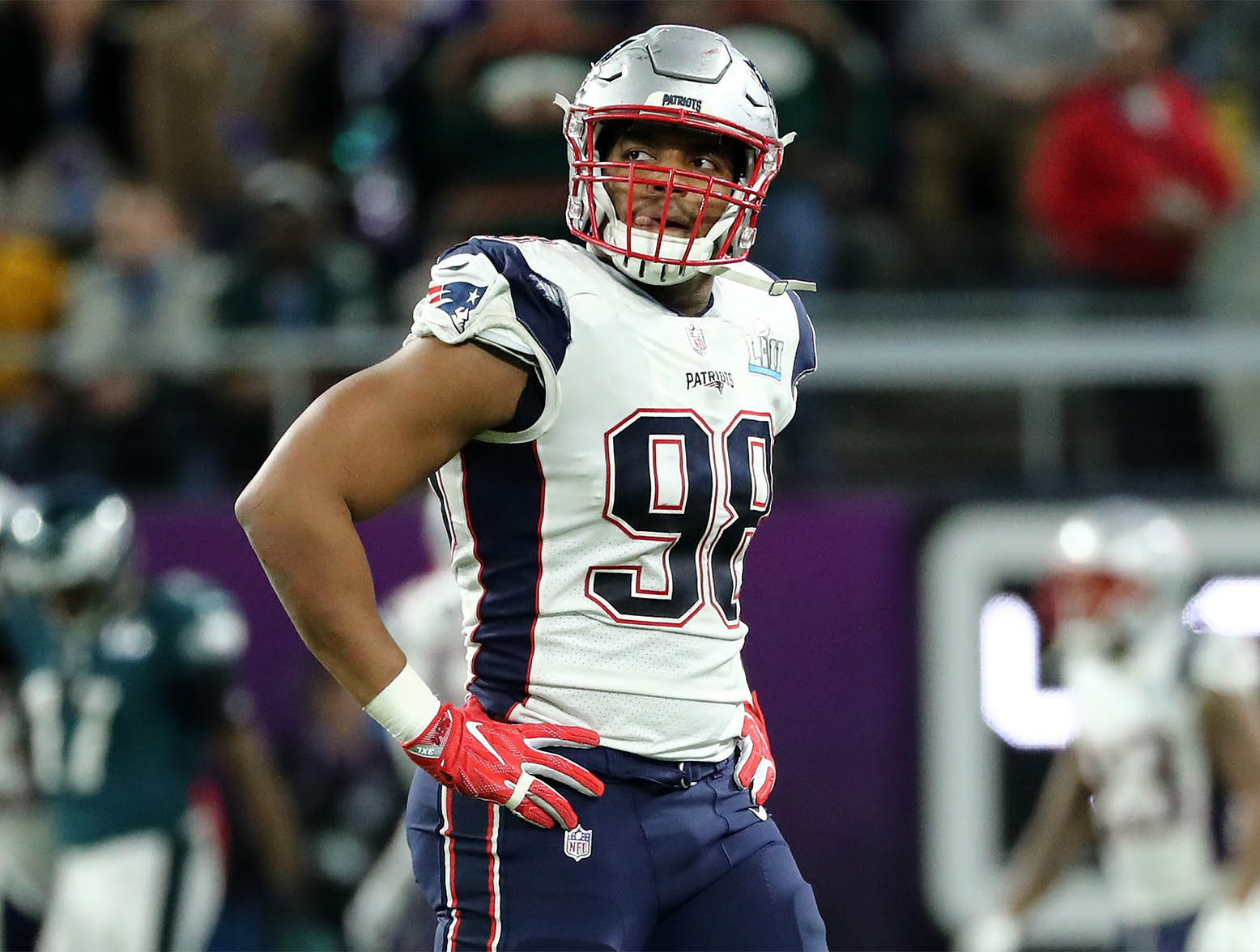 MINNEAPOLIS, MN - FEBRUARY 04: Trey Flowers #98 of the New England Patriots looks on in the first half of Super Bowl LII at U.S. Bank Stadium on February 4, 2018 in Minneapolis, Minnesota. (Photo by Elsa/Getty Images)