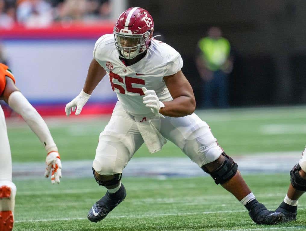 Sep 4, 2021; Atlanta, Georgia, USA; Alabama Crimson Tide offensive lineman JC Latham (65) blocks against the Miami Hurricanes at Mercedes-Benz Stadium. Credit: Dale Zanine-USA TODAY Sports