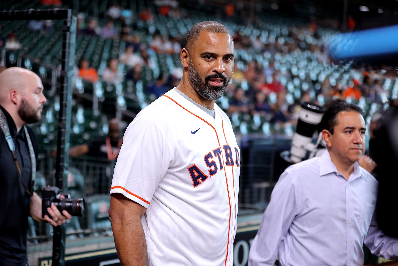 Jun 1, 2023; Houston, Texas, USA; Houston Rockets head coach Ime Udoka prepares to throw out the first pitch prior to the game between the Houston Astros and the Los Angeles Angels at Minute Maid Park. Mandatory Credit: Erik Williams-USA TODAY Sports