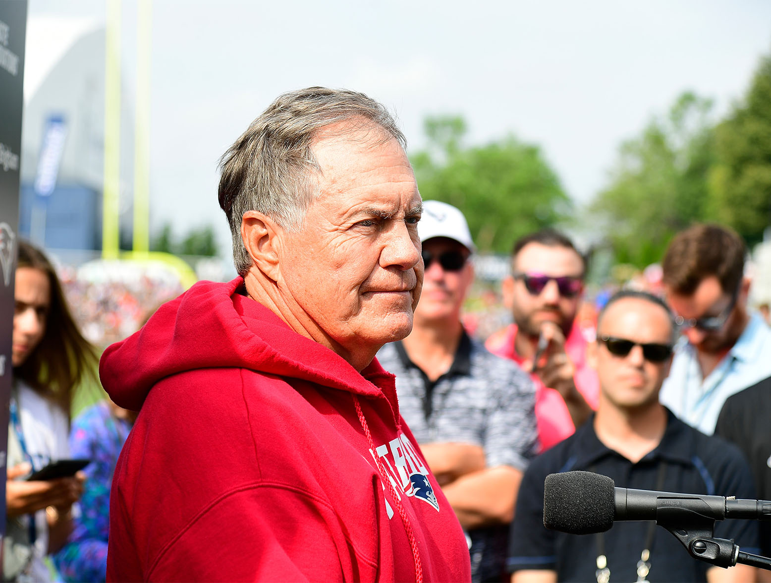Jul 27, 2023; Foxborough, MA, USA; New England Patriots head coach Bill Belichick holds a morning press conference before training camp at Gillette Stadium. Mandatory Credit: Eric Canha-USA TODAY Sports