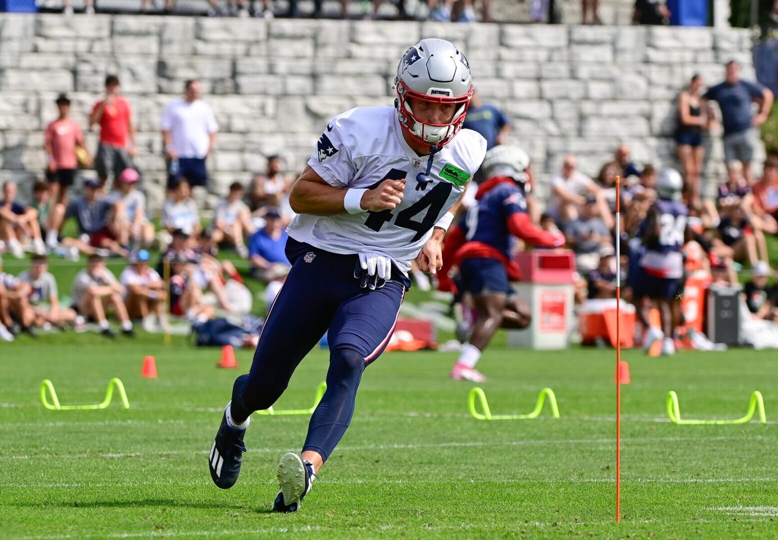 Jul 27, 2023; Foxborough, MA, USA; New England Patriots wide receiver Raleigh Webb (44) does a running drill during training camp at Gillette Stadium. Credit: Eric Canha-USA TODAY Sports
