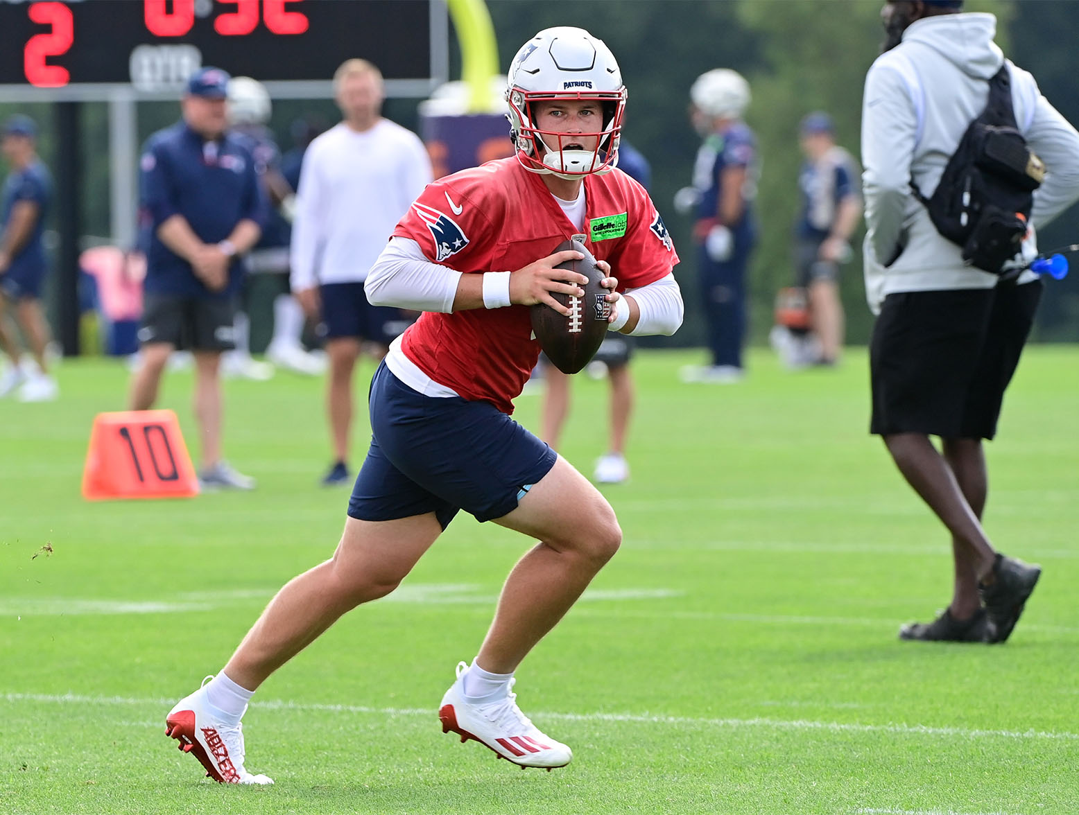 Jul 27, 2023; Foxborough, MA, USA; New England Patriots quarterback Bailey Zappe (4) during training camp at Gillette Stadium. Mandatory Credit: Eric Canha-USA TODAY Sports