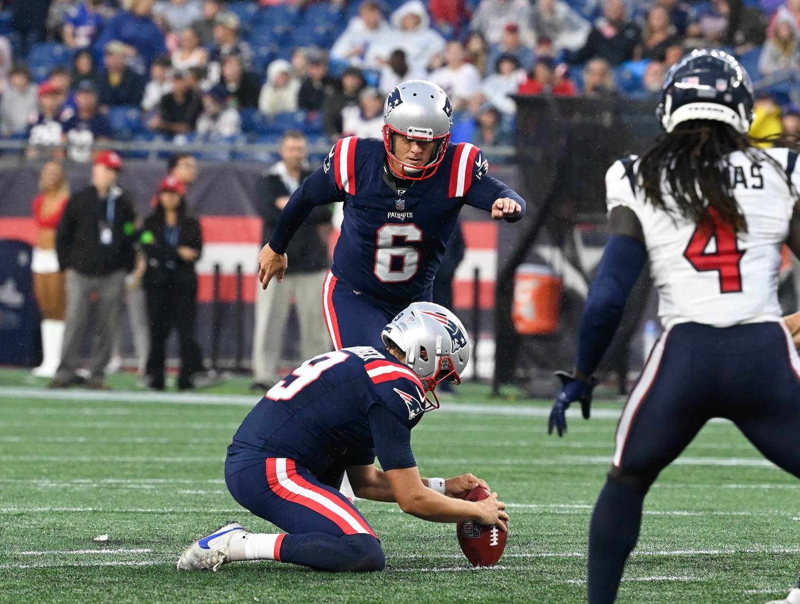 Aug 10, 2023; Foxborough, Massachusetts, USA; New England Patriots place kicker Nick Folk (6) kicks a field goal during the first half against the Houston Texans at Gillette Stadium. Credit: Eric Canha-USA TODAY Sports