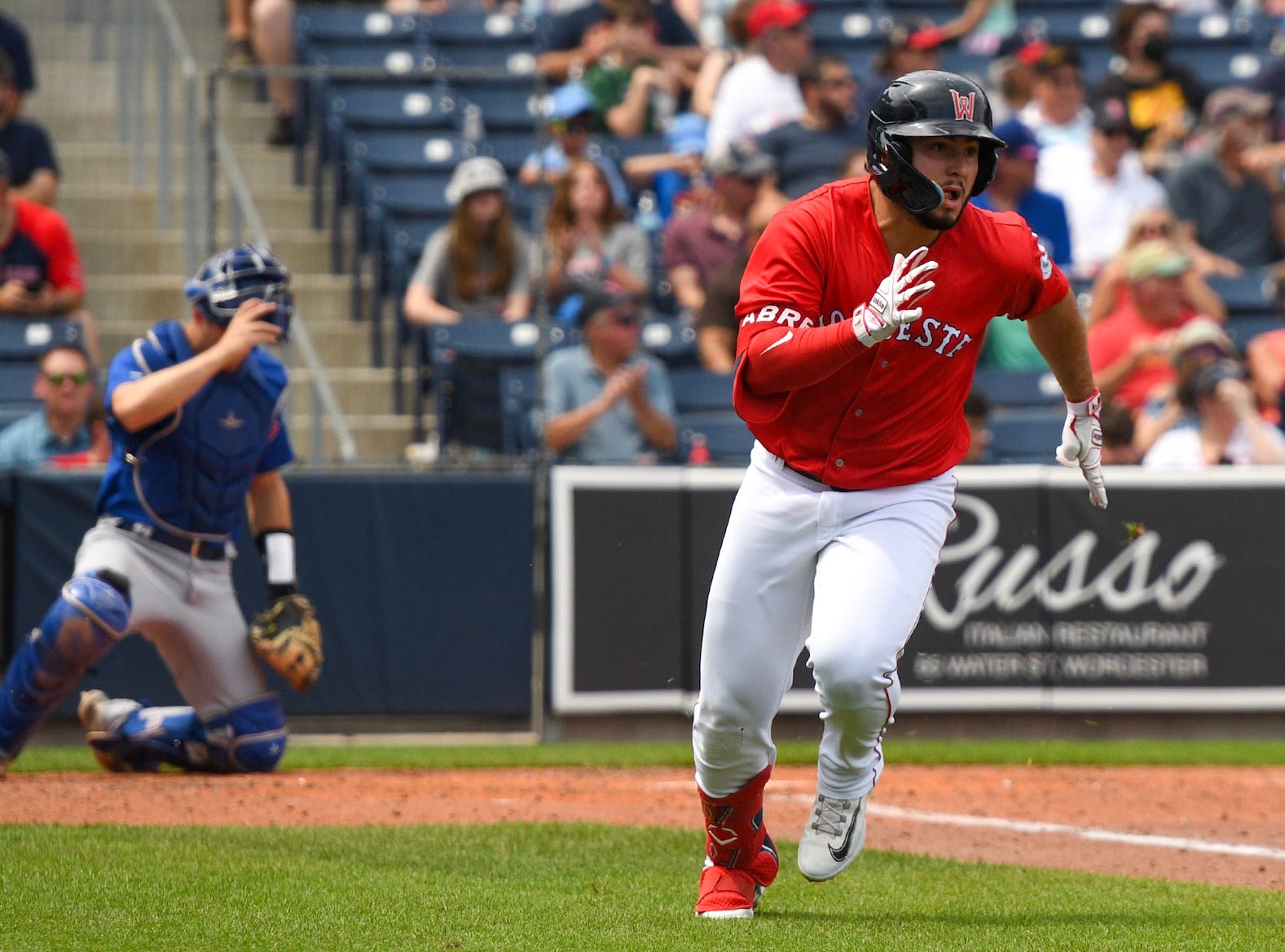 WORCESTER - Worcester‚Äôs Wilyer Abreu hits a triple in the fifth inning against Buffalo at Polar Park Wednesday, August 9, 2023.