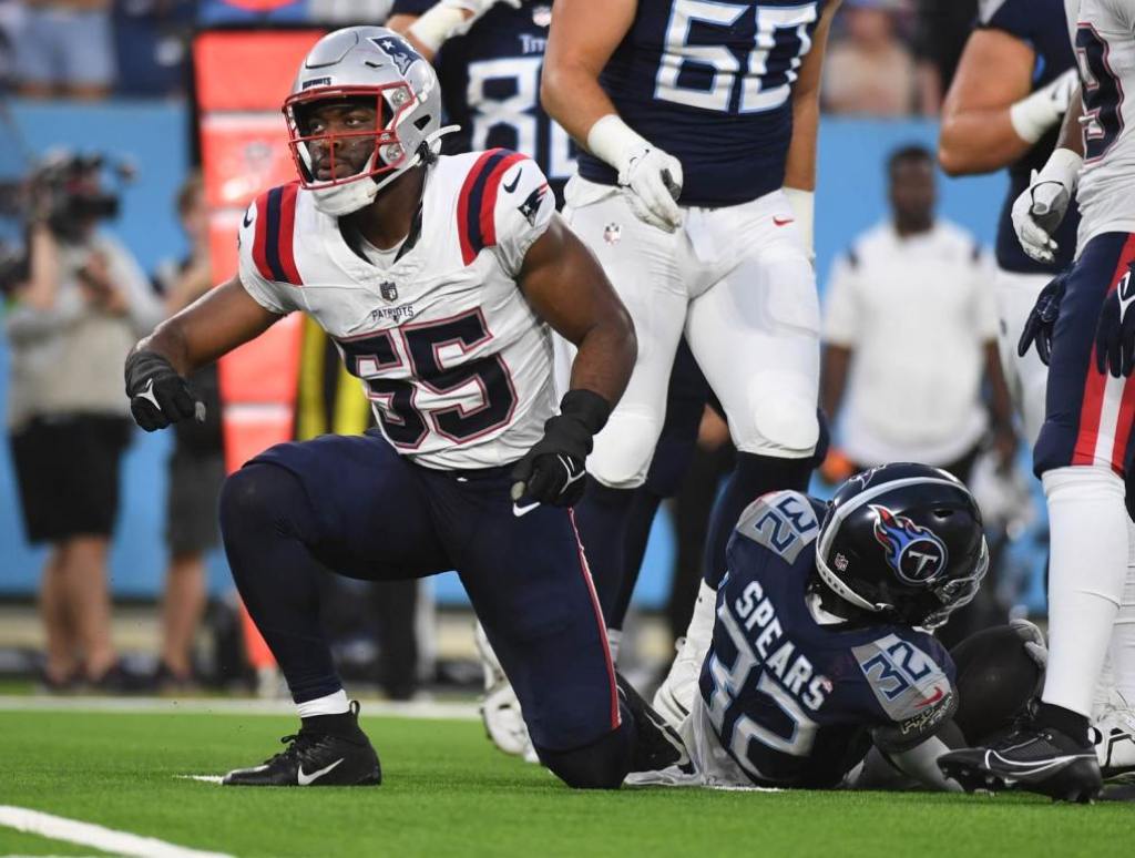 Aug 25, 2023; Nashville, Tennessee, USA; New England Patriots linebacker Josh Uche (55) tackles Tennessee Titans running back Tyjae Spears (32) for a loss during the first half at Nissan Stadium. Credit: Christopher Hanewinckel-USA TODAY Sports