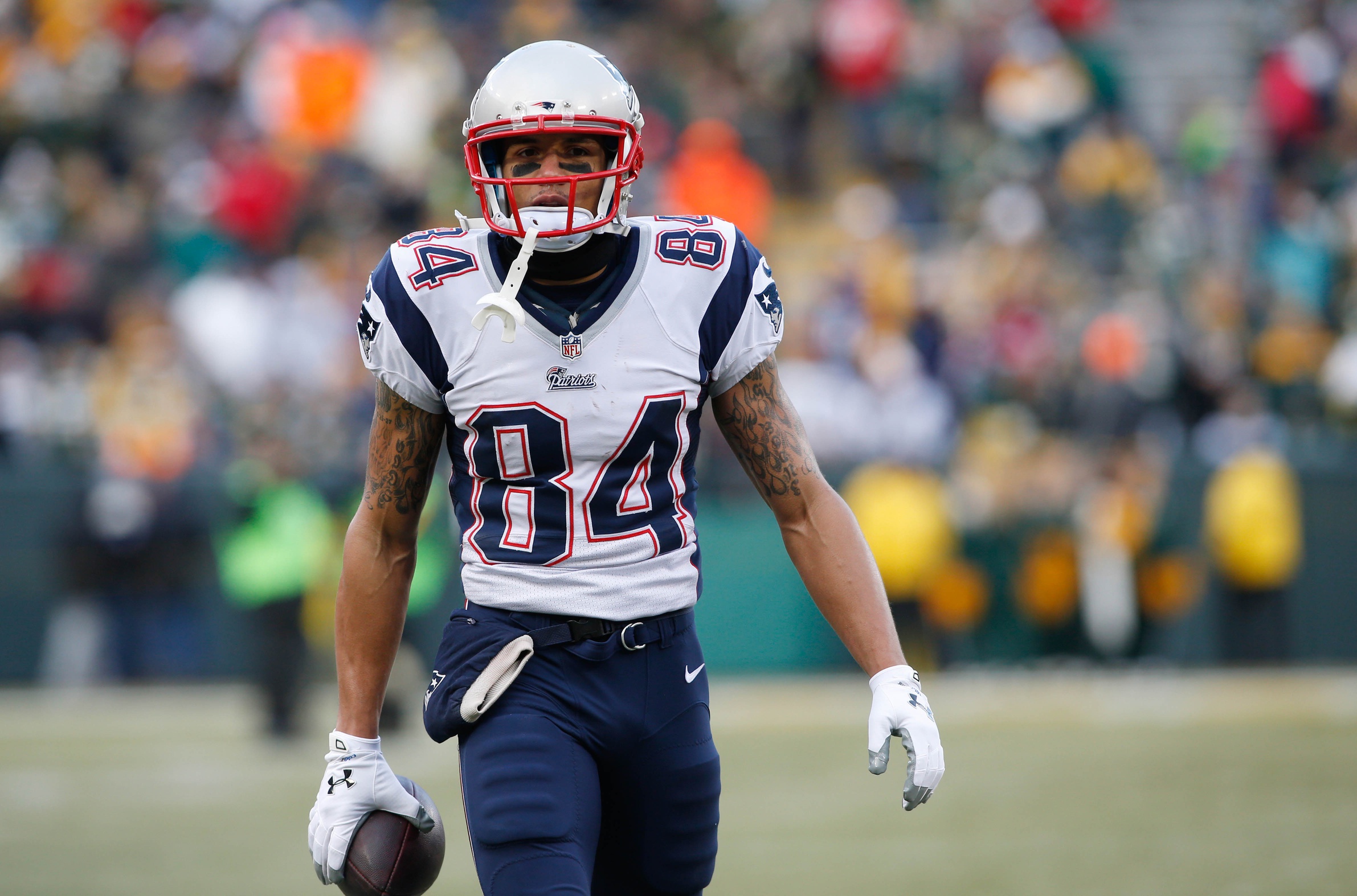 Brian Tyms suiting up ahead of the Patriots match-up against the Packers. On the road at Lambeau Field.