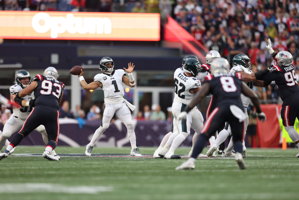 FOXBOROUGH, MASSACHUSETTS - SEPTEMBER 10: Jalen Hurts #1 of the Philadelphia Eagles attempts a pass during the third quarter against the New England Patriots at Gillette Stadium on September 10, 2023 in Foxborough, Massachusetts. (Photo by Maddie Meyer/Getty Images)