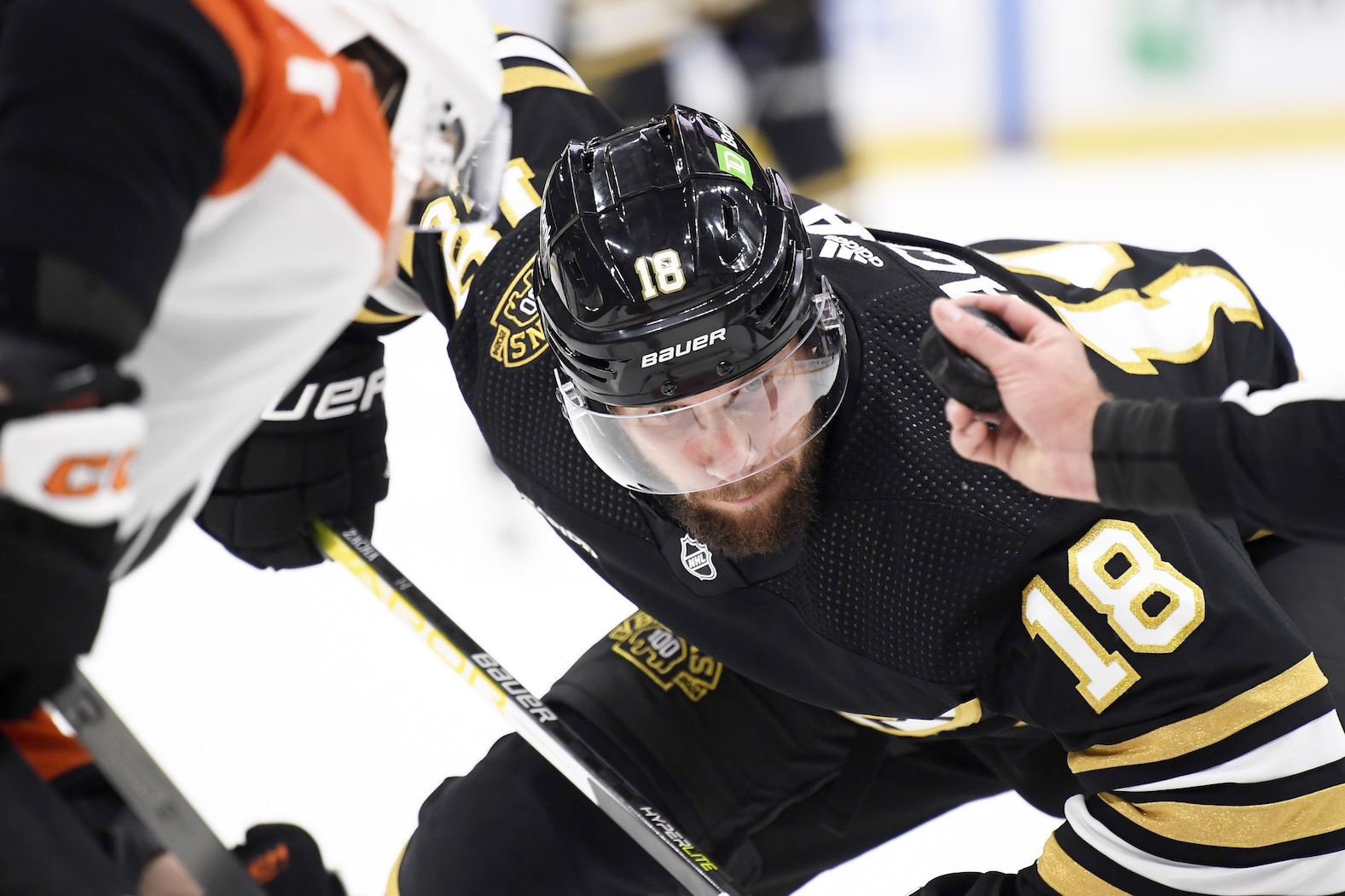 Sep 29, 2023; Boston, Massachusetts, USA; Boston Bruins center Pavel Zacha (18) gets set for a face-off during the first period against the Philadelphia Flyers at TD Garden. Mandatory Credit: Bob DeChiara-USA TODAY Sports