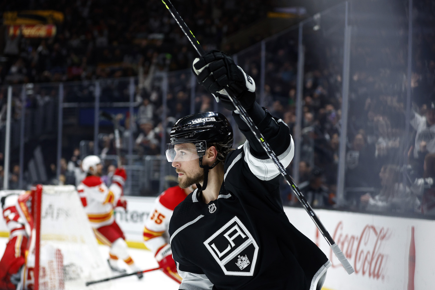 LOS ANGELES, CALIFORNIA - MARCH 20: Adrian Kempe #9 of the Los Angeles Kings celebrates a goal against the Calgary Flames in the second period at Crypto.com Arena on March 20, 2023 in Los Angeles, California. (Photo by Ronald Martinez/Getty Images)