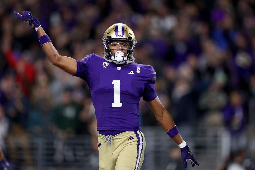 SEATTLE, WASHINGTON - SEPTEMBER 23: Rome Odunze #1 of the Washington Huskies celebrates his touchdown during the first quarter against the California Golden Bears at Husky Stadium on September 23, 2023 in Seattle, Washington. (Photo by Steph Chambers/Getty Images)