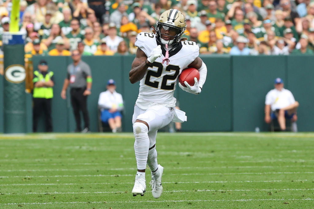 GREEN BAY, WISCONSIN - SEPTEMBER 24: Rashid Shaheed #22 of the New Orleans Saints returns a punt for a touchdown during a game against the Green Bay Packers at Lambeau Field on September 24, 2023 in Green Bay, Wisconsin. (Photo by Stacy Revere/Getty Images)