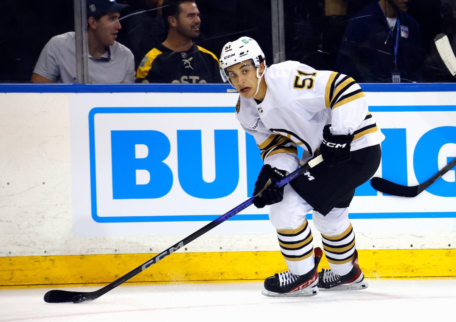 NEW YORK, NEW YORK - OCTOBER 05: Matthew Poitras #51 of the Boston Bruins skates against the New York Rangers at Madison Square Garden on October 05, 2023 in New York City. (Photo by Bruce Bennett/Getty Images)