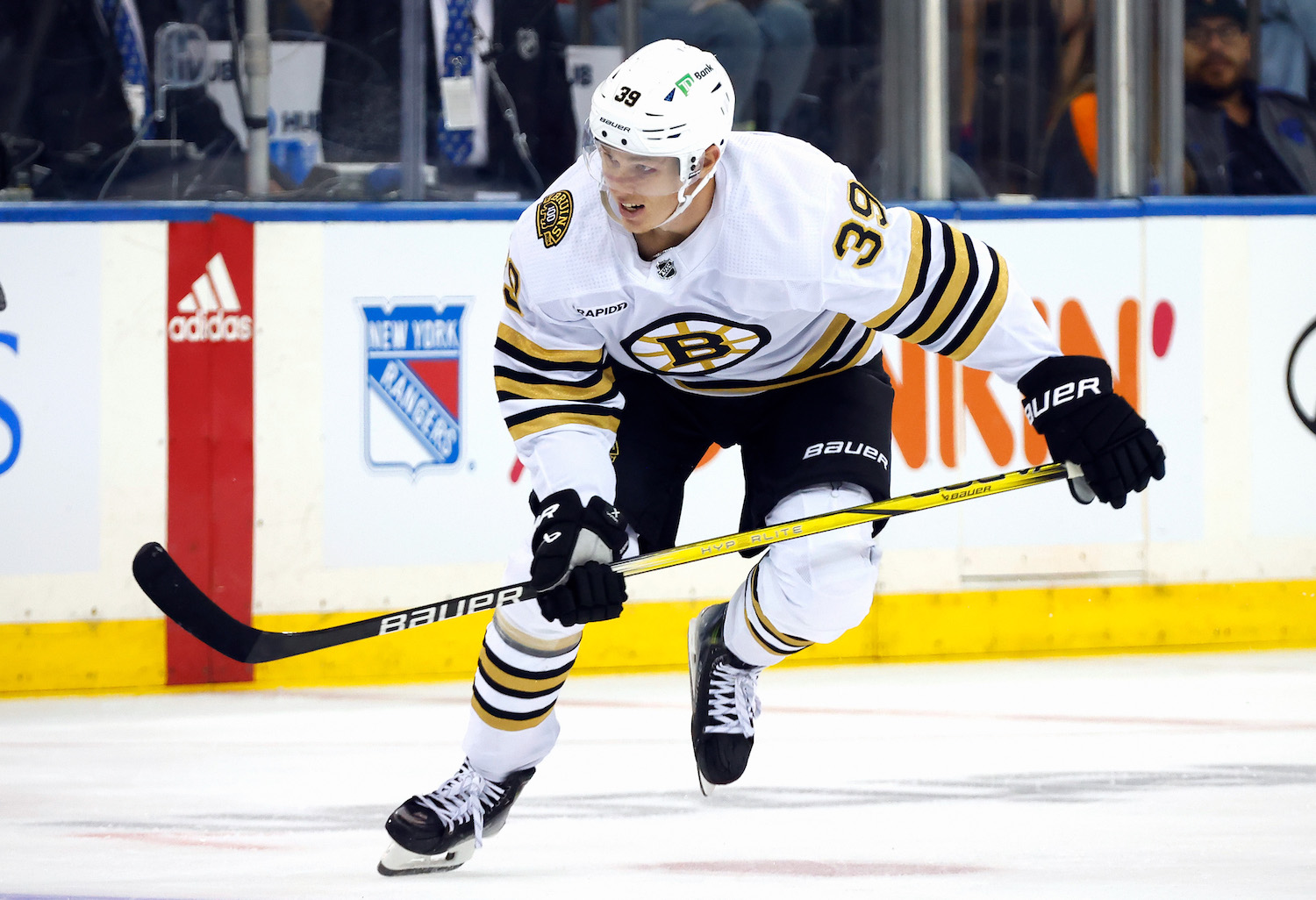 NEW YORK, NEW YORK - OCTOBER 05: Morgan Geekie #39 of the Boston Bruins skates against the New York Rangers at Madison Square Garden on October 05, 2023 in New York City. (Photo by Bruce Bennett/Getty Images)