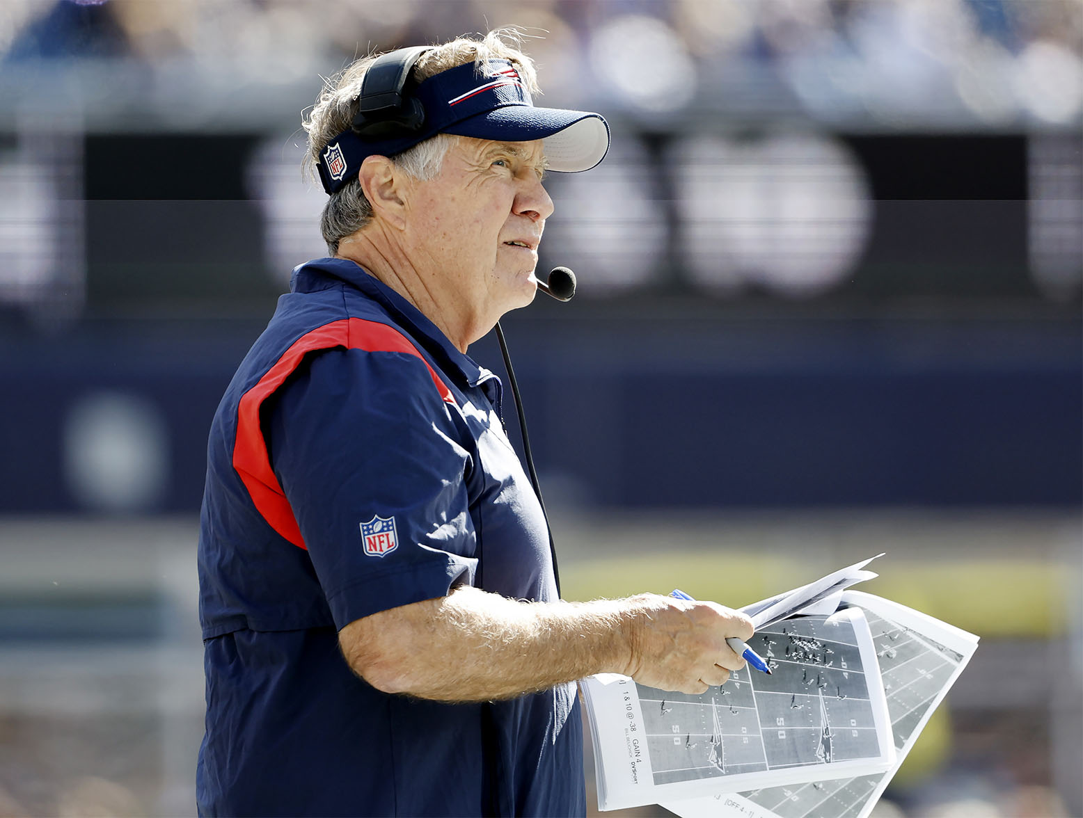 FOXBOROUGH, MASSACHUSETTS - OCTOBER 08: Head coach Bill Belichick of the New England Patriots looks on during the first quarter against the New Orleans Saints at Gillette Stadium on October 08, 2023 in Foxborough, Massachusetts. (Photo by Winslow Townson/Getty Images)