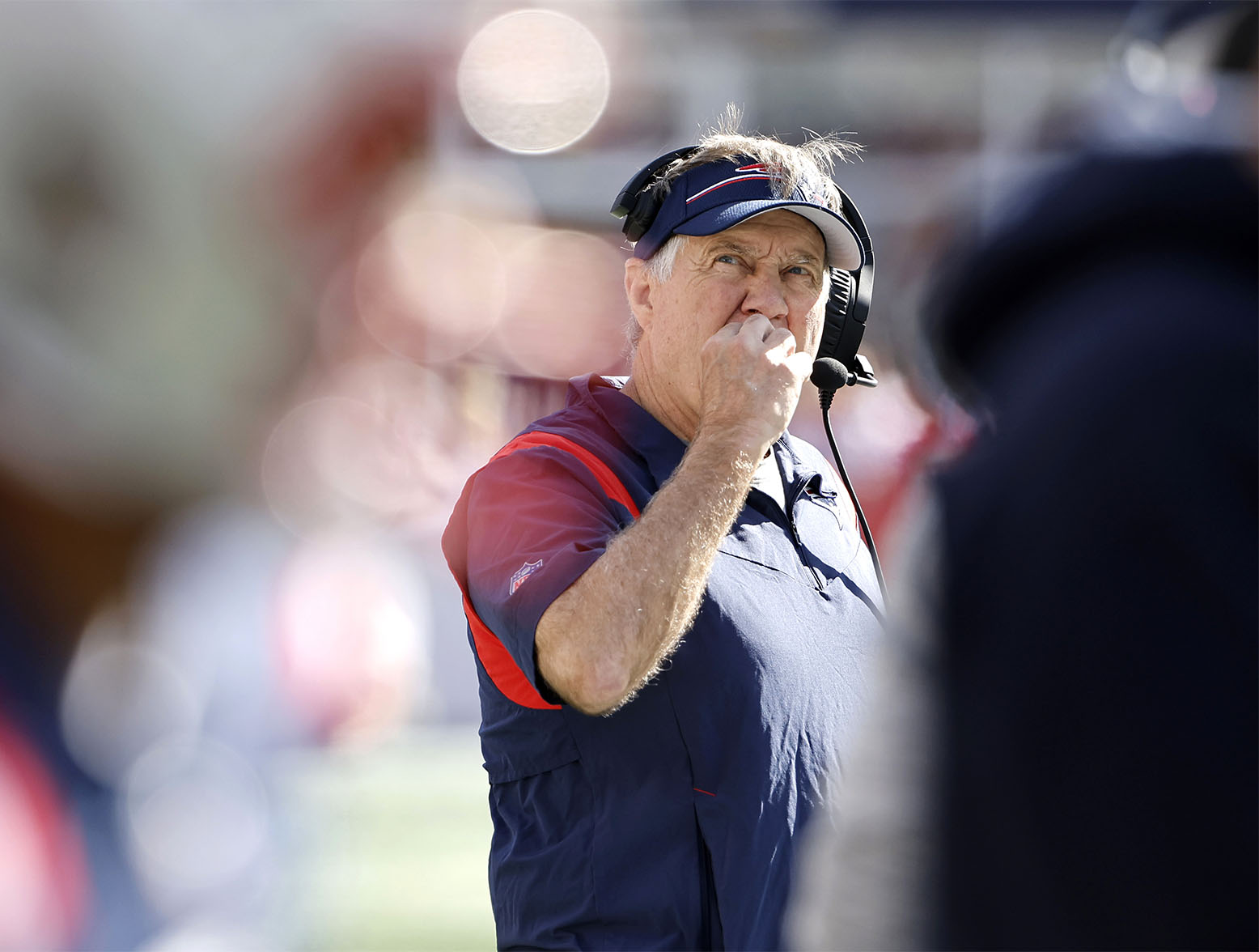FOXBOROUGH, MASSACHUSETTS - OCTOBER 08: Head coach Bill Belichick of the New England Patriots looks on during the second quarter against the New Orleans Saints at Gillette Stadium on October 08, 2023 in Foxborough, Massachusetts. (Photo by Winslow Townson/Getty Images)