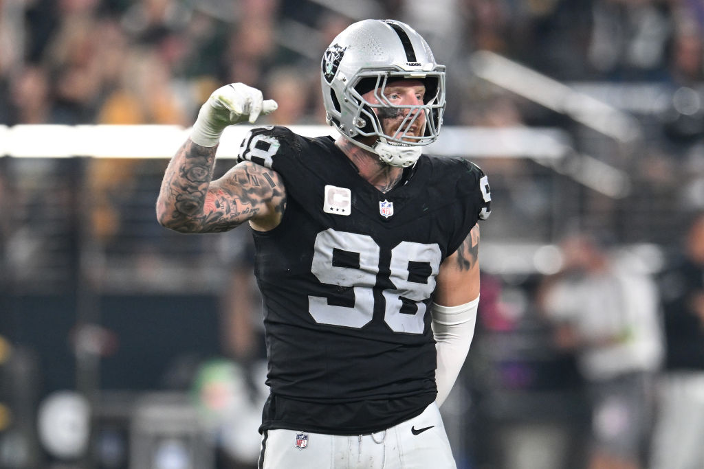 LAS VEGAS, NEVADA - OCTOBER 09: Maxx Crosby #98 of the Las Vegas Raiders reacts during the fourth quarter against the Green Bay Packers at Allegiant Stadium on October 09, 2023 in Las Vegas, Nevada. (Photo by Candice Ward/Getty Images)