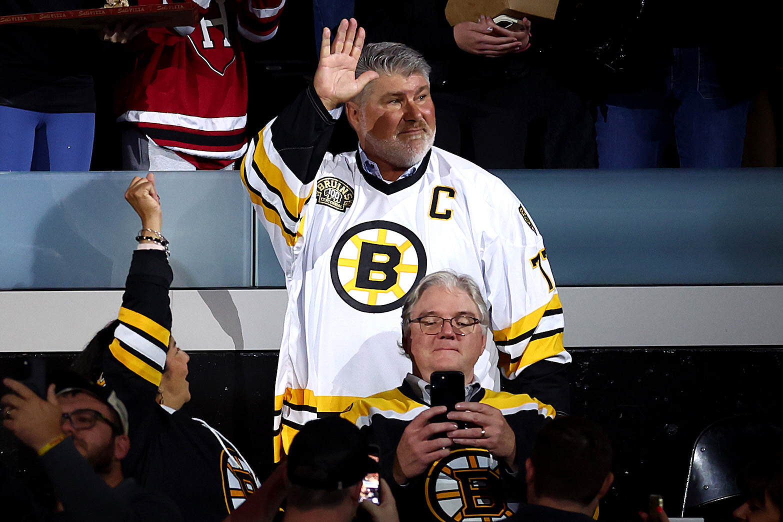 BOSTON, MASSACHUSETTS - OCTOBER 11: Former Boston Bruins player Ray Bourque waves to fans before the Bruins home opener against the Chicago Blackhawks at TD Garden on October 11, 2023 in Boston, Massachusetts. (Photo by Maddie Meyer/Getty Images)