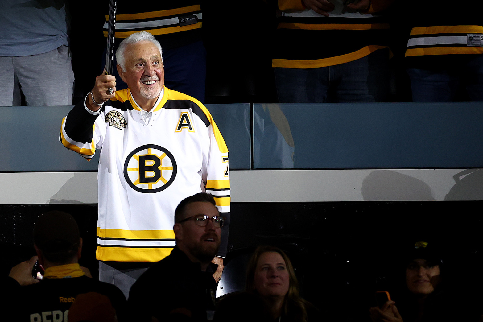 BOSTON, MASSACHUSETTS - OCTOBER 11: Former Boston Bruins player Phil Esposito waves to the crowd ahead of the Bruins home opener against the Chicago Blackhawks at TD Garden on October 11, 2023 in Boston, Massachusetts. (Photo by Maddie Meyer/Getty Images)