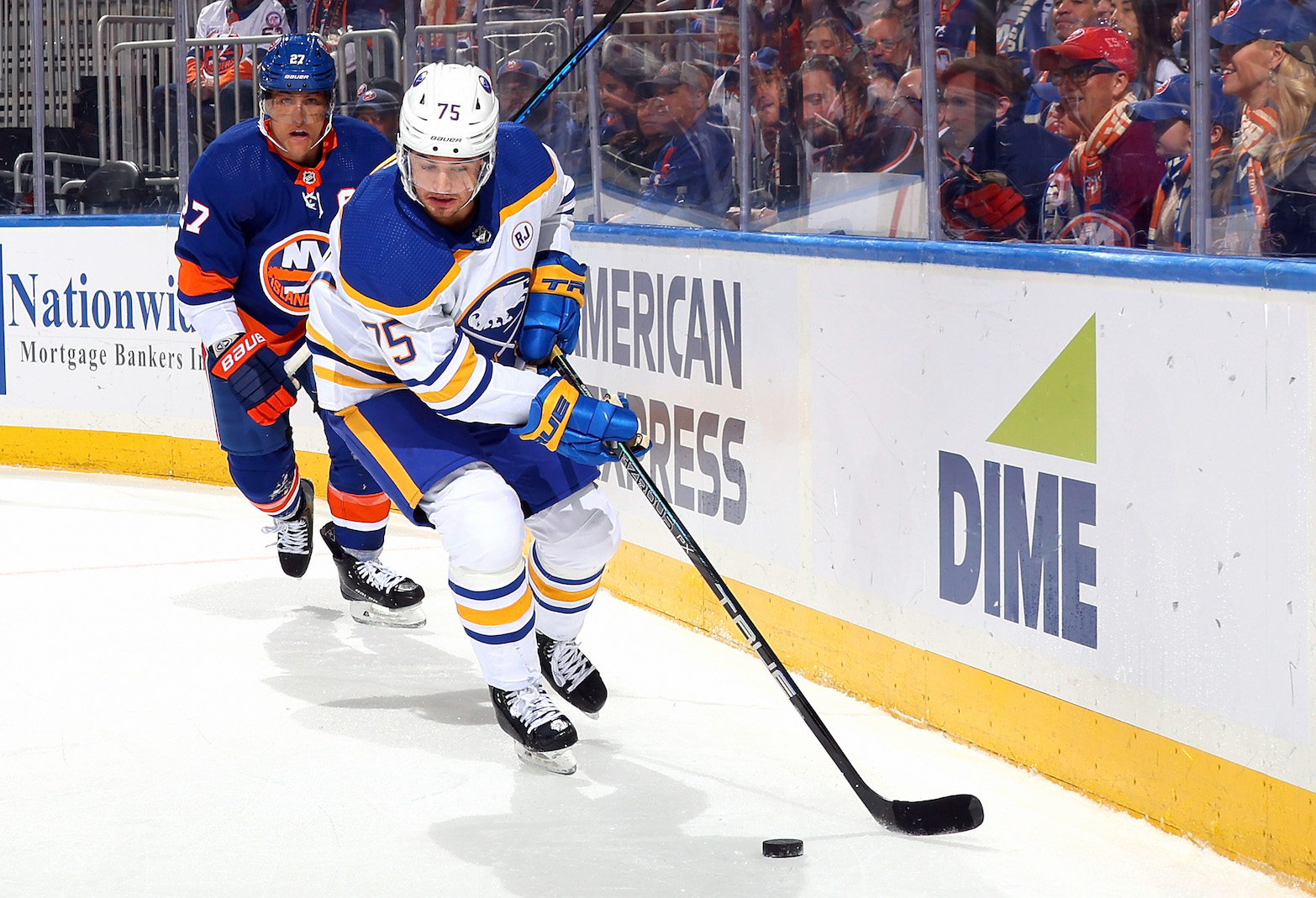 ELMONT, NEW YORK - OCTOBER 14: Connor Clifton #75 of the Buffalo Sabres skates against the New York Islanders at UBS Arena on October 14, 2023 in Elmont, New York. (Photo by Bruce Bennett/Getty Images)