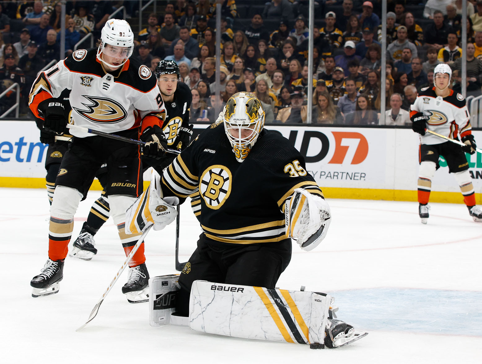 BOSTON, MASSACHUSETTS - OCTOBER 26: Linus Ullmark #35 of the Boston Bruins makes a save against the Anaheim Ducks during the second period at the TD Garden on October 26, 2023 in Boston, Massachusetts. (Photo by Rich Gagnon/Getty Images)