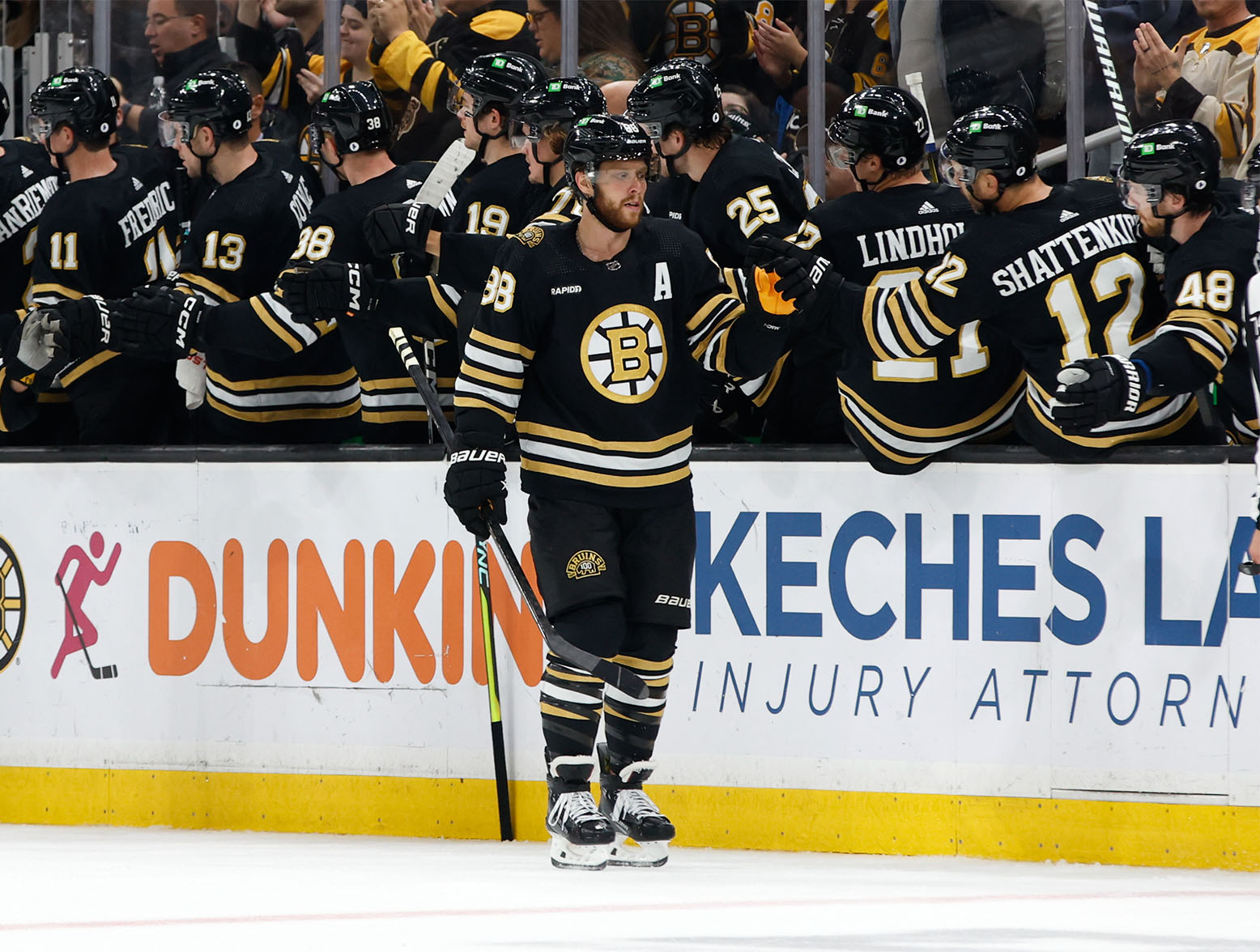 BOSTON, MASSACHUSETTS - OCTOBER 26: David Pastrnak #88 of the Boston Bruins celebrates his goal against the Anaheim Ducks during the second period at the TD Garden on October 26, 2023 in Boston, Massachusetts. (Photo by Rich Gagnon/Getty Images)