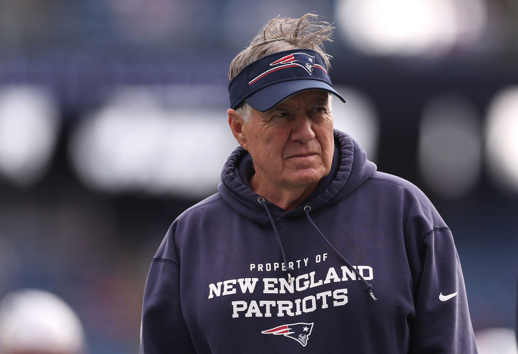 FOXBOROUGH, MASSACHUSETTS - OCTOBER 22: Bill Belichick of the New England Patriots looks on before the game against the Buffalo Bills at Gillette Stadium on October 22, 2023 in Foxborough, Massachusetts. (Photo by Maddie Meyer/Getty Images)