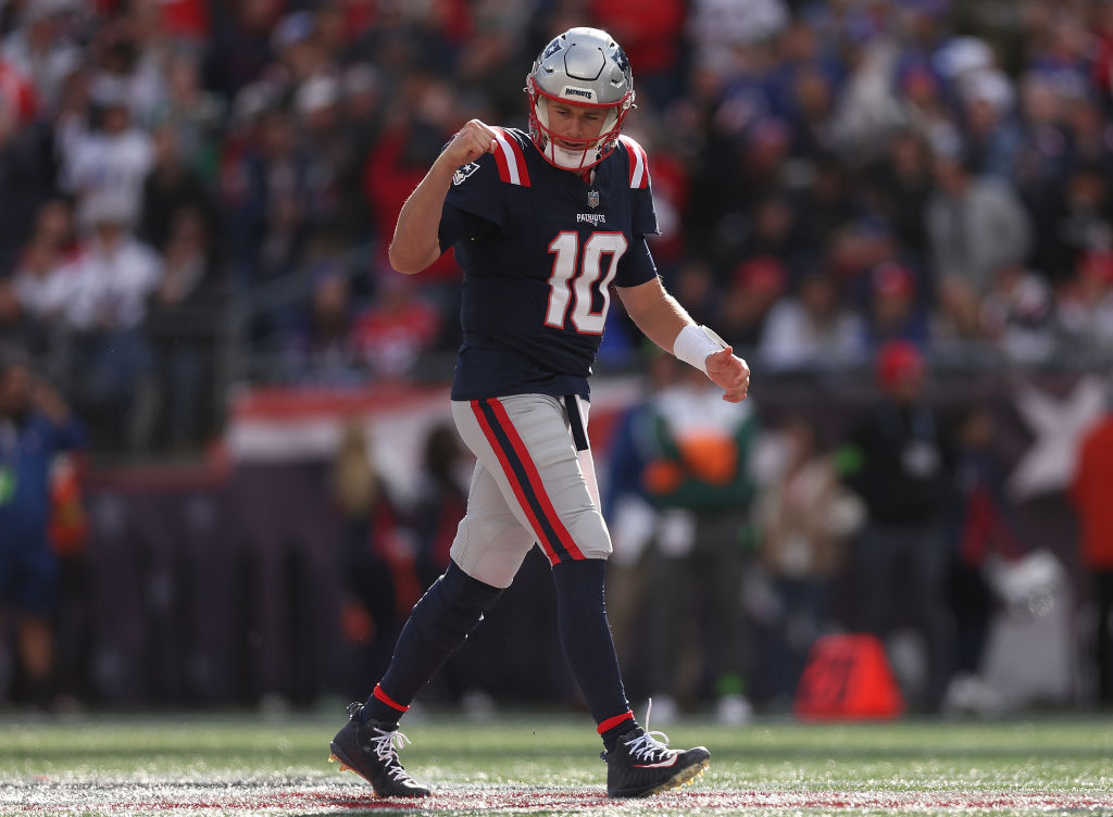 FOXBOROUGH, MASSACHUSETTS - OCTOBER 22: Mac Jones #10 of the New England Patriots reacts during the third quarter of the game against the Buffalo Bills at Gillette Stadium on October 22, 2023 in Foxborough, Massachusetts. (Photo by Maddie Meyer/Getty Images)