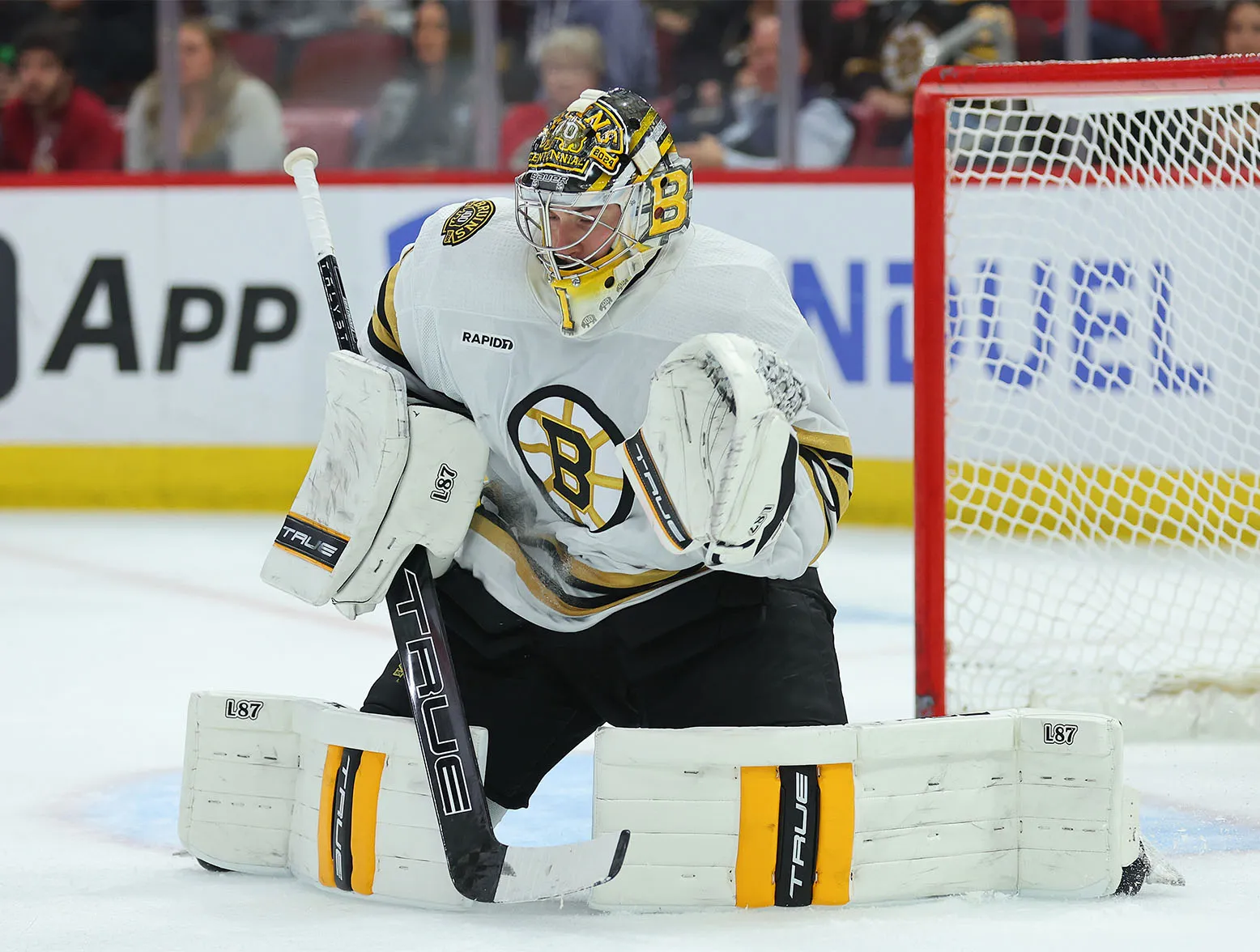 CHICAGO, ILLINOIS - OCTOBER 24: Jeremy Swayman #1 of the Boston Bruins makes a save against the Chicago Blackhawks during the second period at the United Center on October 24, 2023 in Chicago, Illinois. (Photo by Michael Reaves/Getty Images)