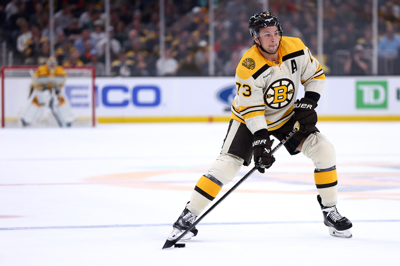 BOSTON, MASSACHUSETTS - OCTOBER 28: Charlie McAvoy #73 of the Boston Bruins skates against the Detroit Red Wings during the first period at TD Garden on October 28, 2023 in Boston, Massachusetts. (Photo by Maddie Meyer/Getty Images)