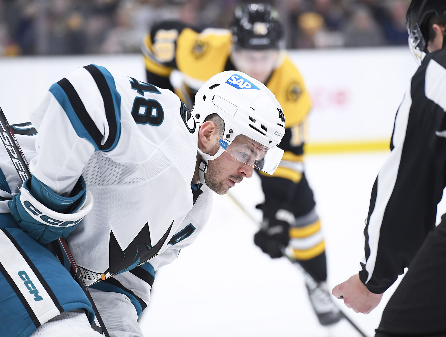 Jan 22, 2023; Boston, Massachusetts, USA; San Jose Sharks center Tomas Hertl (48) takes a face-off during the third period against the Boston Bruins at TD Garden. Mandatory Credit: Bob DeChiara-USA TODAY Sports