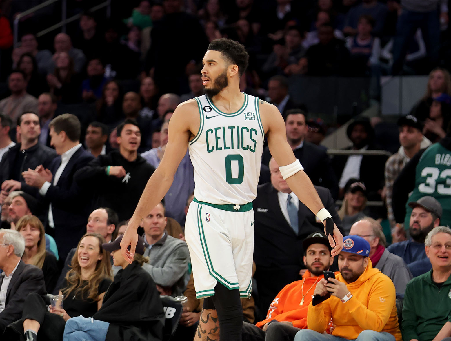 Feb 27, 2023; New York, New York, USA; Boston Celtics forward Jayson Tatum (0) reacts as he leaves the court after being ejected for a second technical foul during the fourth quarter against the New York Knicks at Madison Square Garden. Mandatory Credit: Brad Penner-USA TODAY Sports