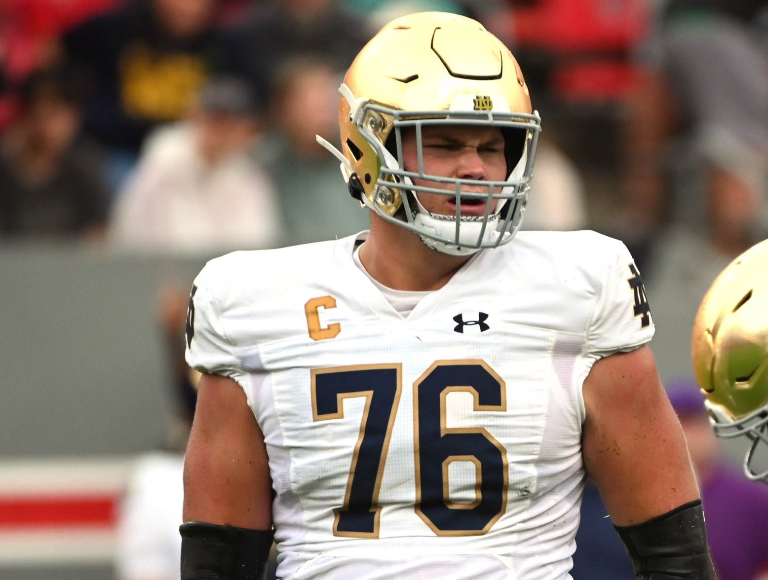 Sep 9, 2023; Raleigh, North Carolina, USA; Notre Dame Fighting Irish tackle Joe Alt (76) during the first half at Carter-Finley Stadium. Credit: Rob Kinnan-USA TODAY Sports