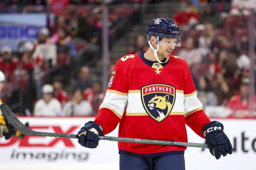 Sep 25, 2023; Sunrise, Florida, USA; Florida Panthers forward Sam Reinhart (13) looks on against the Nashville Predators during the first period at Amerant Bank Arena. Mandatory Credit: Sam Navarro-USA TODAY Sports