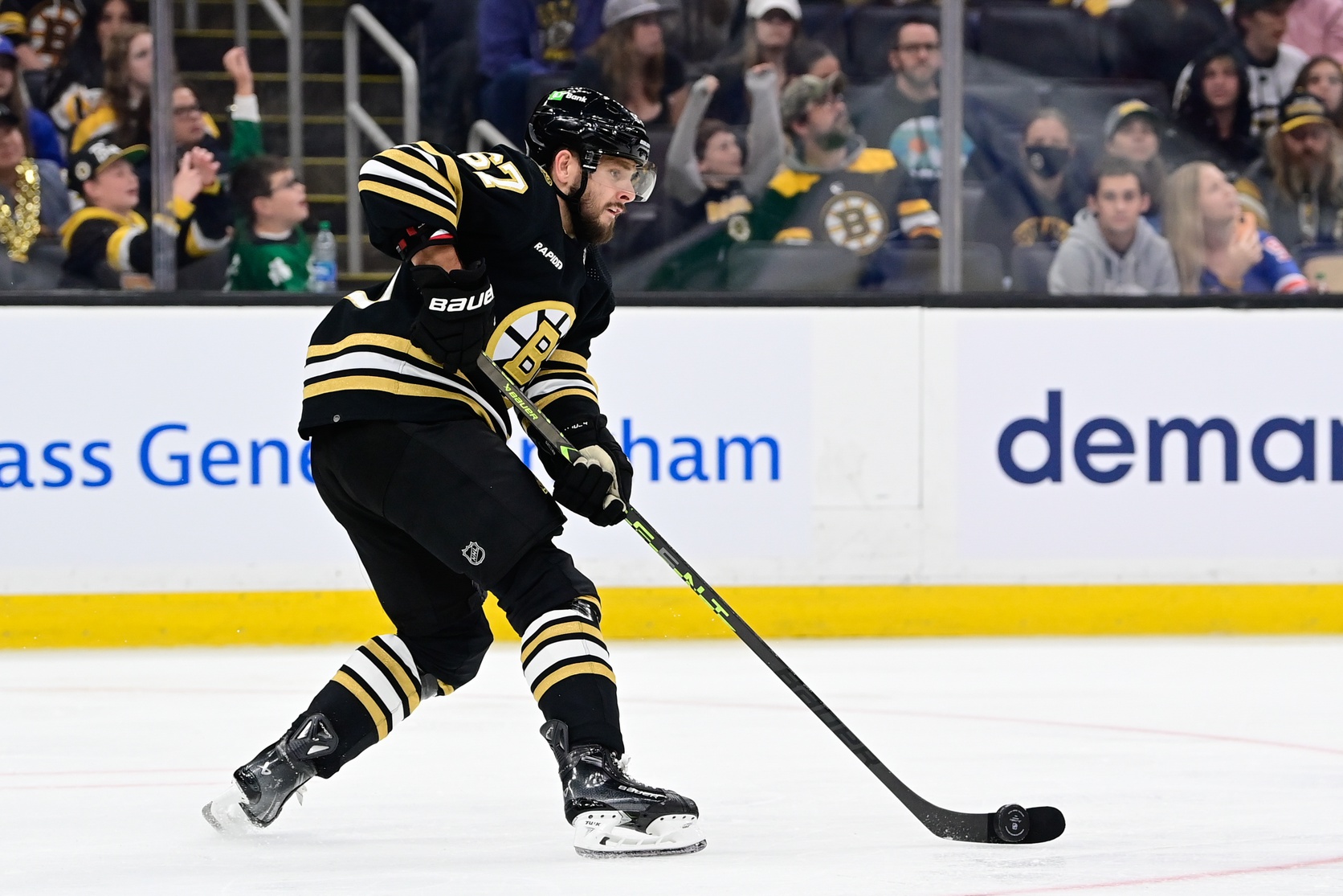 Sep 24, 2023; Boston, Massachusetts, USA; Boston Bruins defenseman Jakub Zboril (67) passes the puck during the second period against the New York Rangers at TD Garden. Mandatory Credit: Eric Canha-USA TODAY Sports