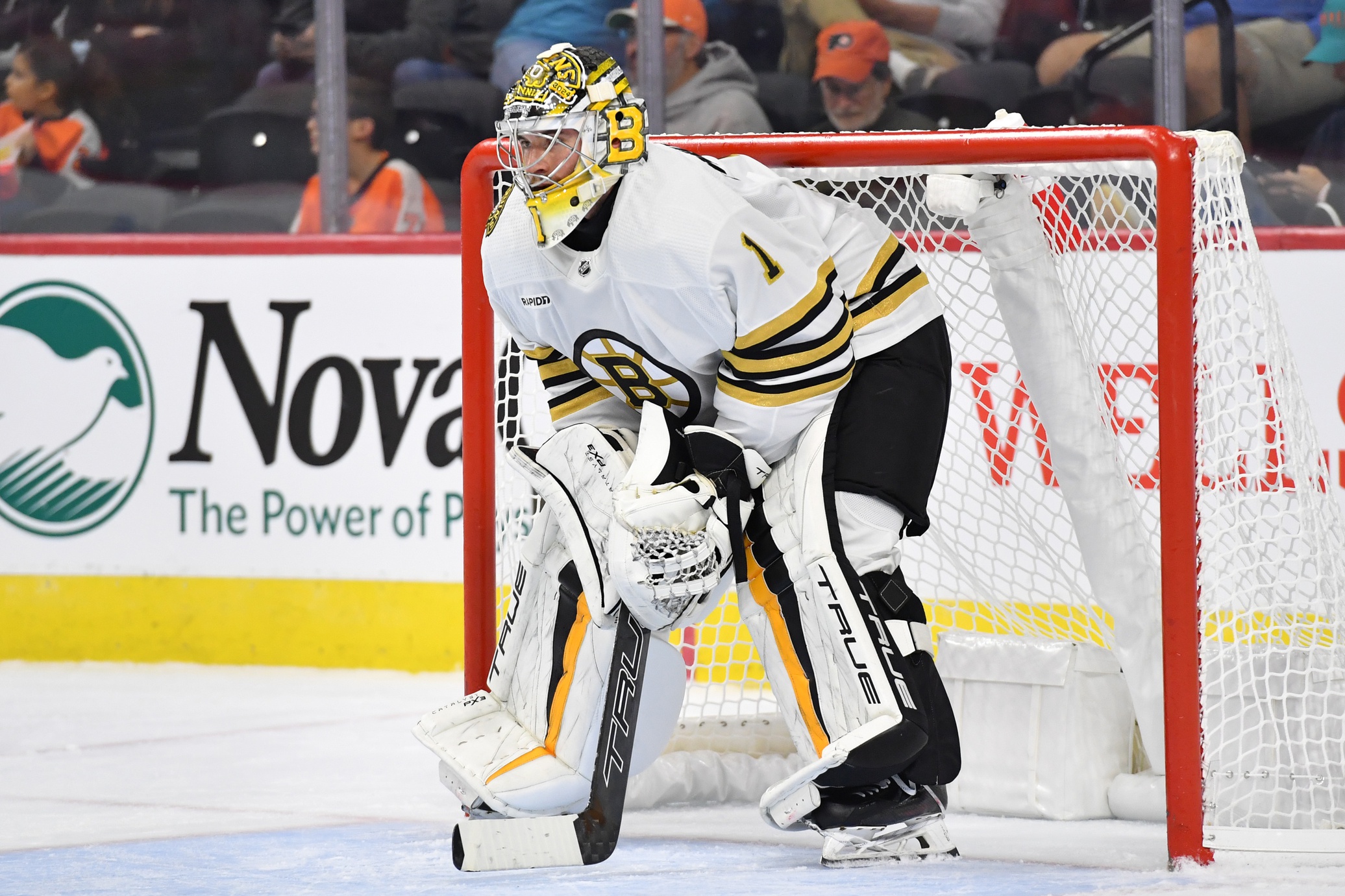 Oct 2, 2023; Philadelphia, Pennsylvania, USA; Boston Bruins goaltender Jeremy Swayman (1) against the Philadelphia Flyers at Wells Fargo Center. Mandatory Credit: Eric Hartline-USA TODAY Sports