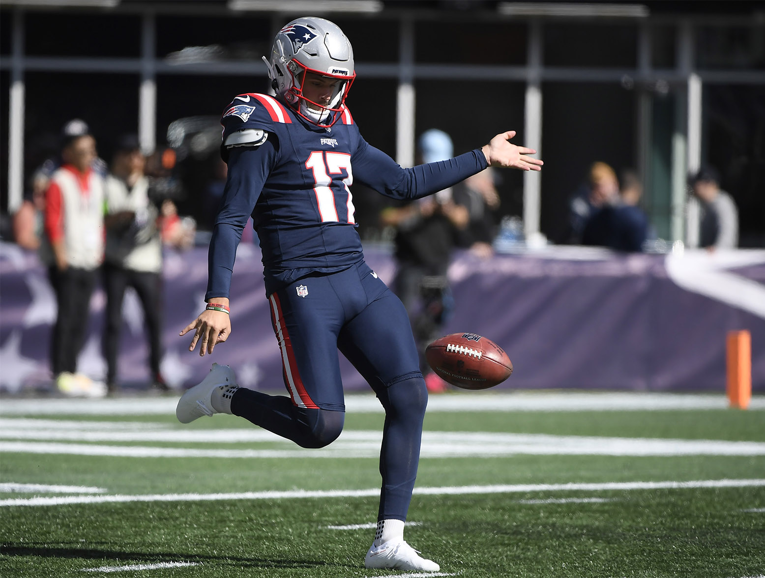 Oct 8, 2023; Foxborough, Massachusetts, USA;  New England Patriots punter Bryce Baringer (17) punts the ball during warmups prior to a game against the New Orleans Saints at Gillette Stadium. Mandatory Credit: Bob DeChiara-USA TODAY Sports