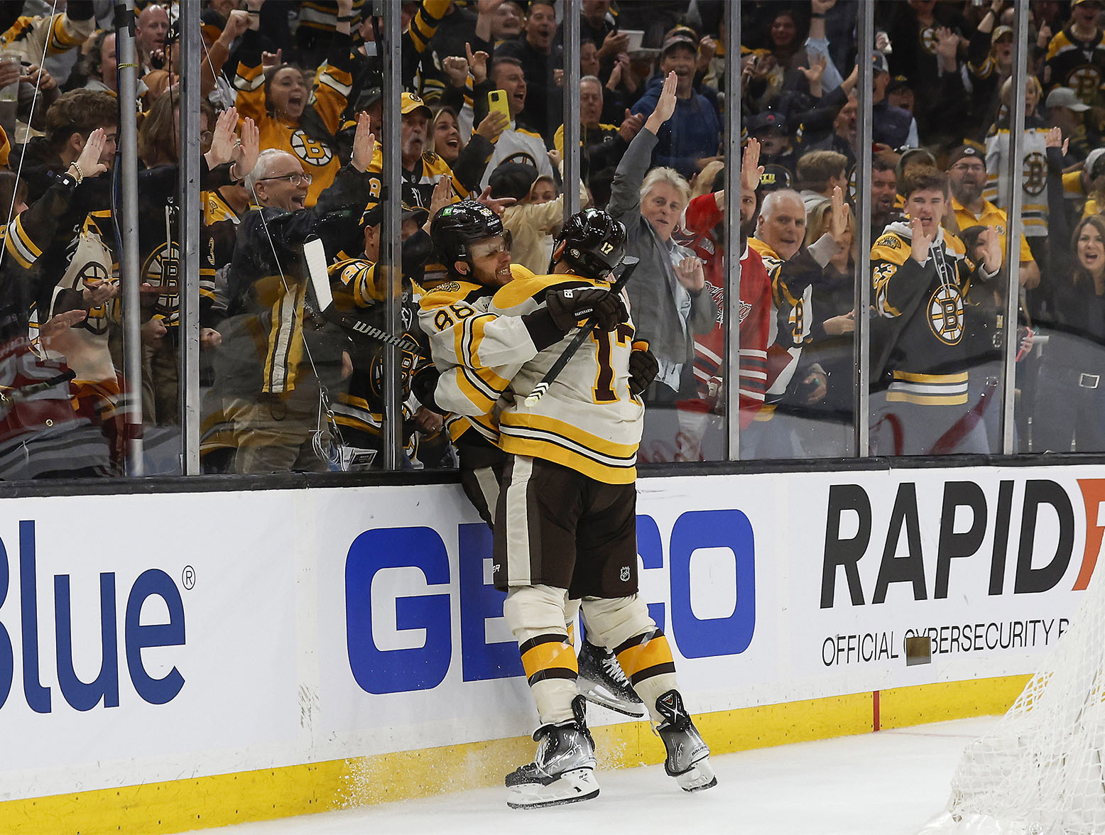 Oct 11, 2023; Boston, Massachusetts, USA; Boston Bruins right wing David Pastrnak (88) celebrates his goal with left wing Milan Lucic (17) during the second period against the Chicago Blackhawks at TD Garden. Mandatory Credit: Winslow Townson-USA TODAY Sports