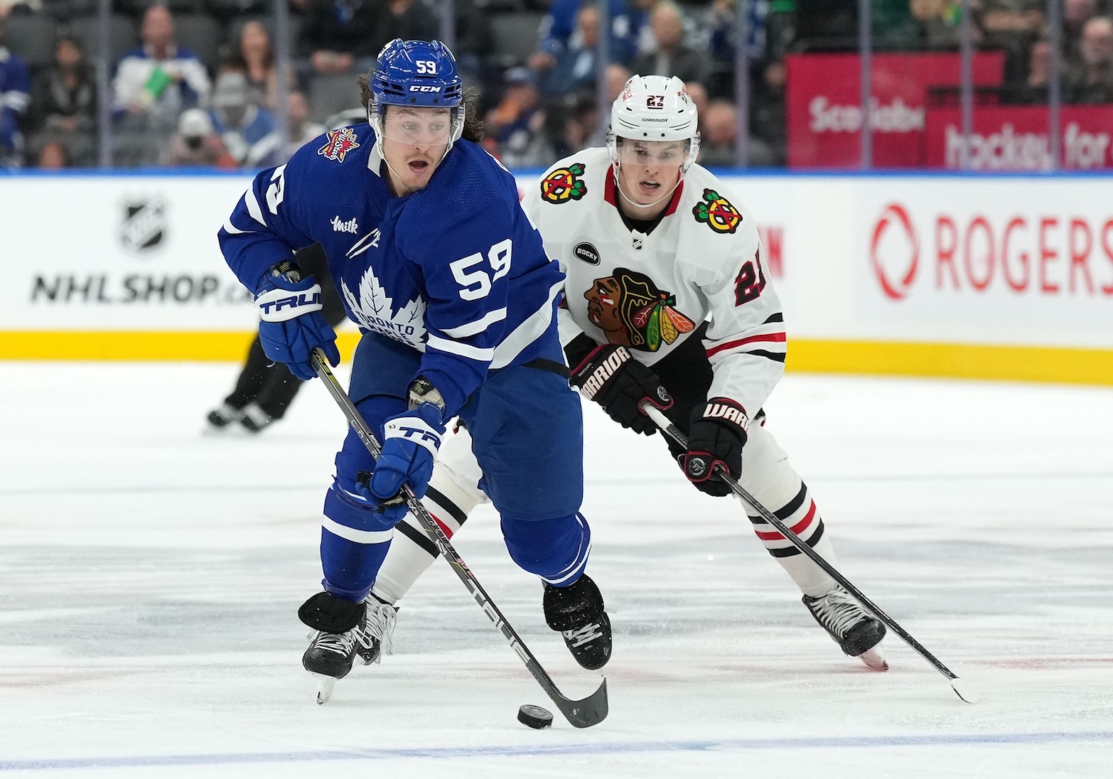 Oct 16, 2023; Toronto, Ontario, CAN; Toronto Maple Leafs left wing Tyler Bertuzzi (59) battles for the puck with Chicago Blackhawks left wing Lukas Reichel (27) during the third period at Scotiabank Arena. Mandatory Credit: Nick Turchiaro-USA TODAY Sports