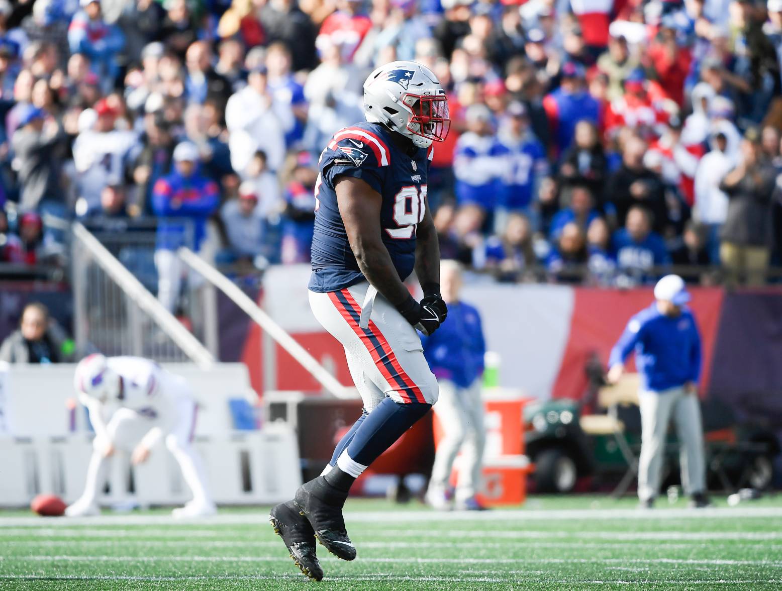 Oct 22, 2023; Foxborough, Massachusetts, USA; New England Patriots defensive tackle Christian Barmore (90) reacts after a sack during the first half against the Buffalo Bills at Gillette Stadium. Credit: Bob DeChiara-USA TODAY Sports