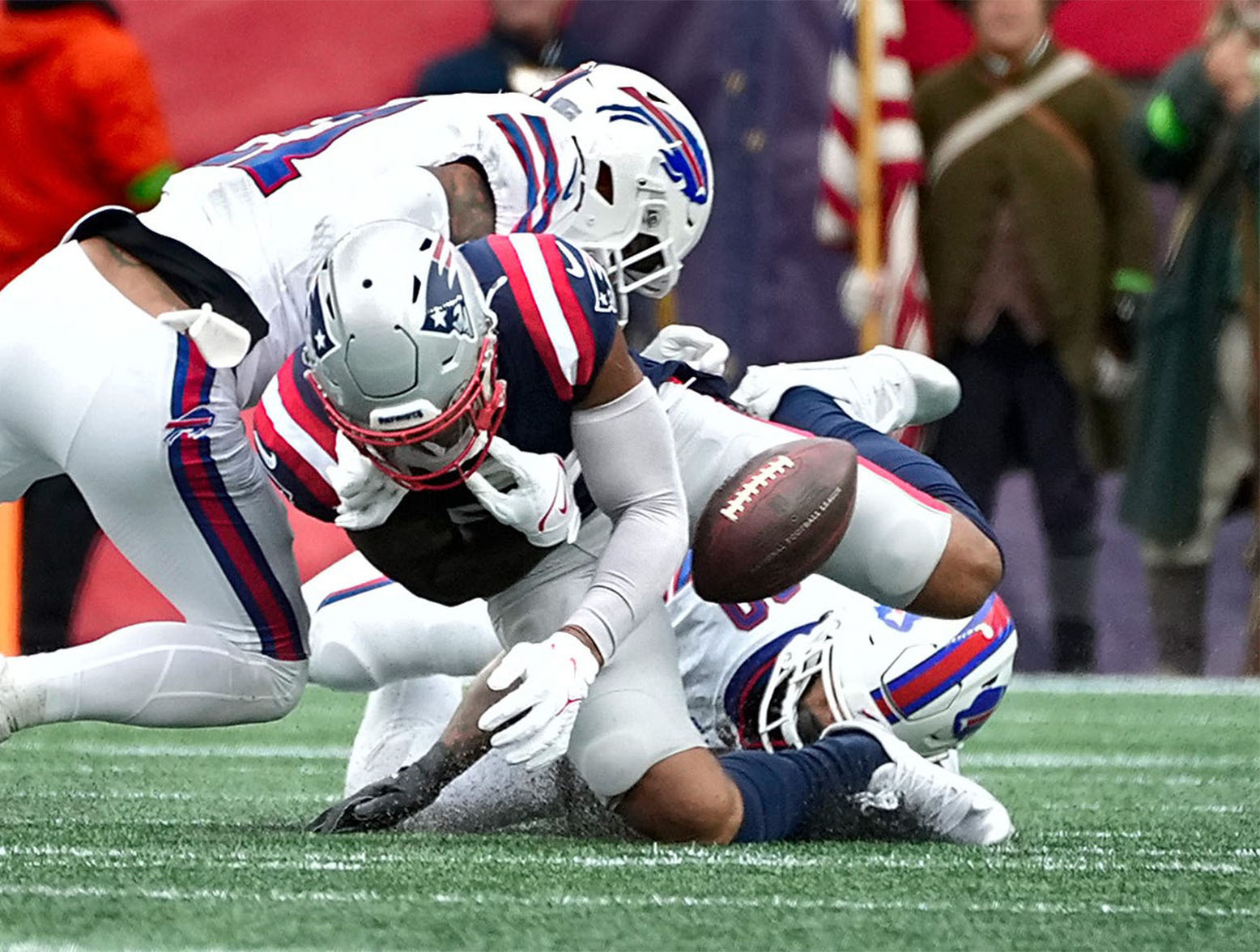 Kendrick Bourne gets hit and fumbles a ball that will be recovered by the Bills after a 4th quarter reception.
