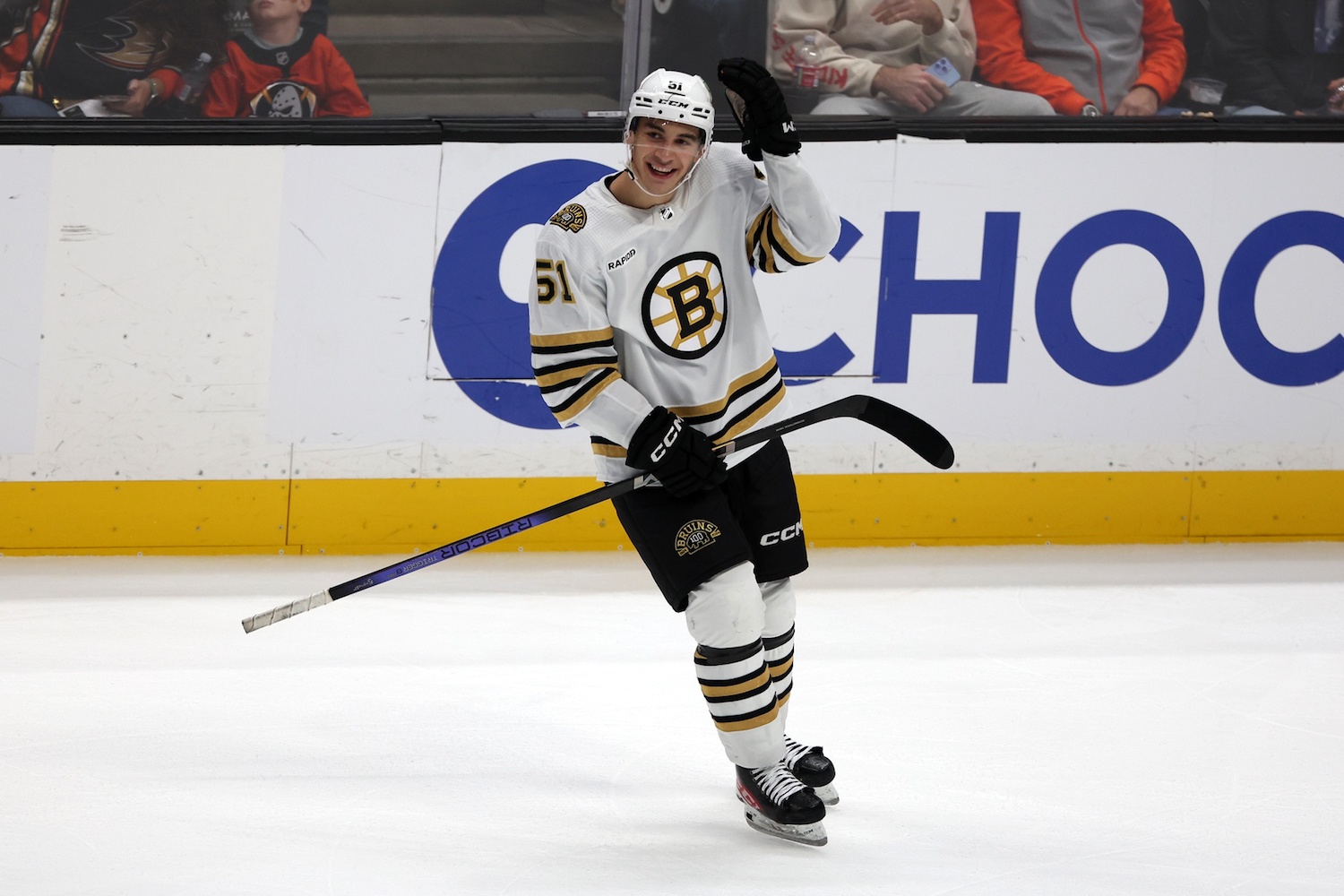 Oct 22, 2023; Anaheim, California, USA; Boston Bruins center Matthew Poitras (51) reacts after scoring a game tying goal during the third period against the Anaheim Ducks at Honda Center. Mandatory Credit: Kiyoshi Mio-USA TODAY Sports