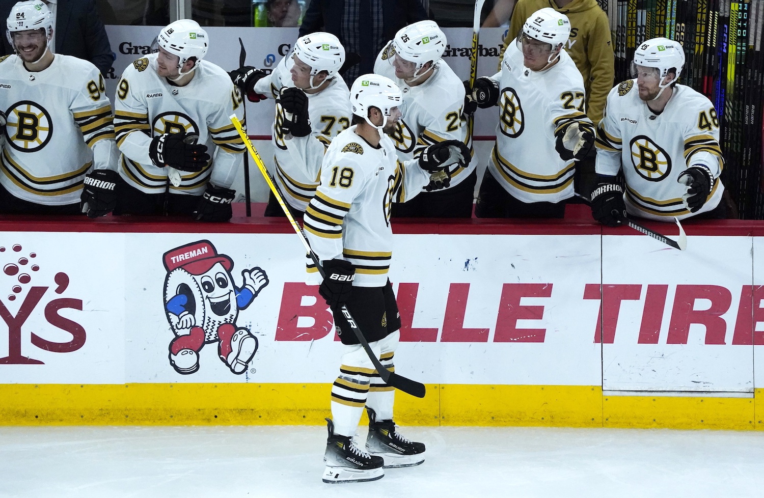 Oct 24, 2023; Chicago, Illinois, USA; Boston Bruins center Pavel Zacha (18) celebrates his goal against the Chicago Blackhawks during the second period at United Center. Mandatory Credit: David Banks-USA TODAY Sports