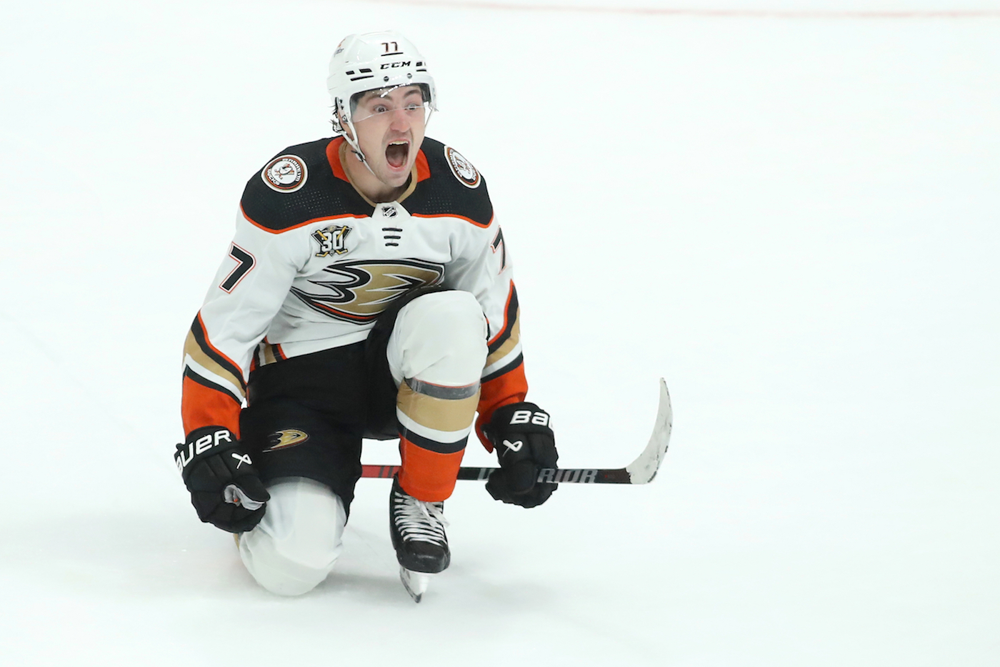 Oct 24, 2023; Columbus, Ohio, USA; Anaheim Ducks right wing Frank Vatrano (77) celebrates the game winning goal during the overtime period against the Columbus Blue Jackets at Nationwide Arena. Mandatory Credit: Joseph Maiorana-USA TODAY Sports