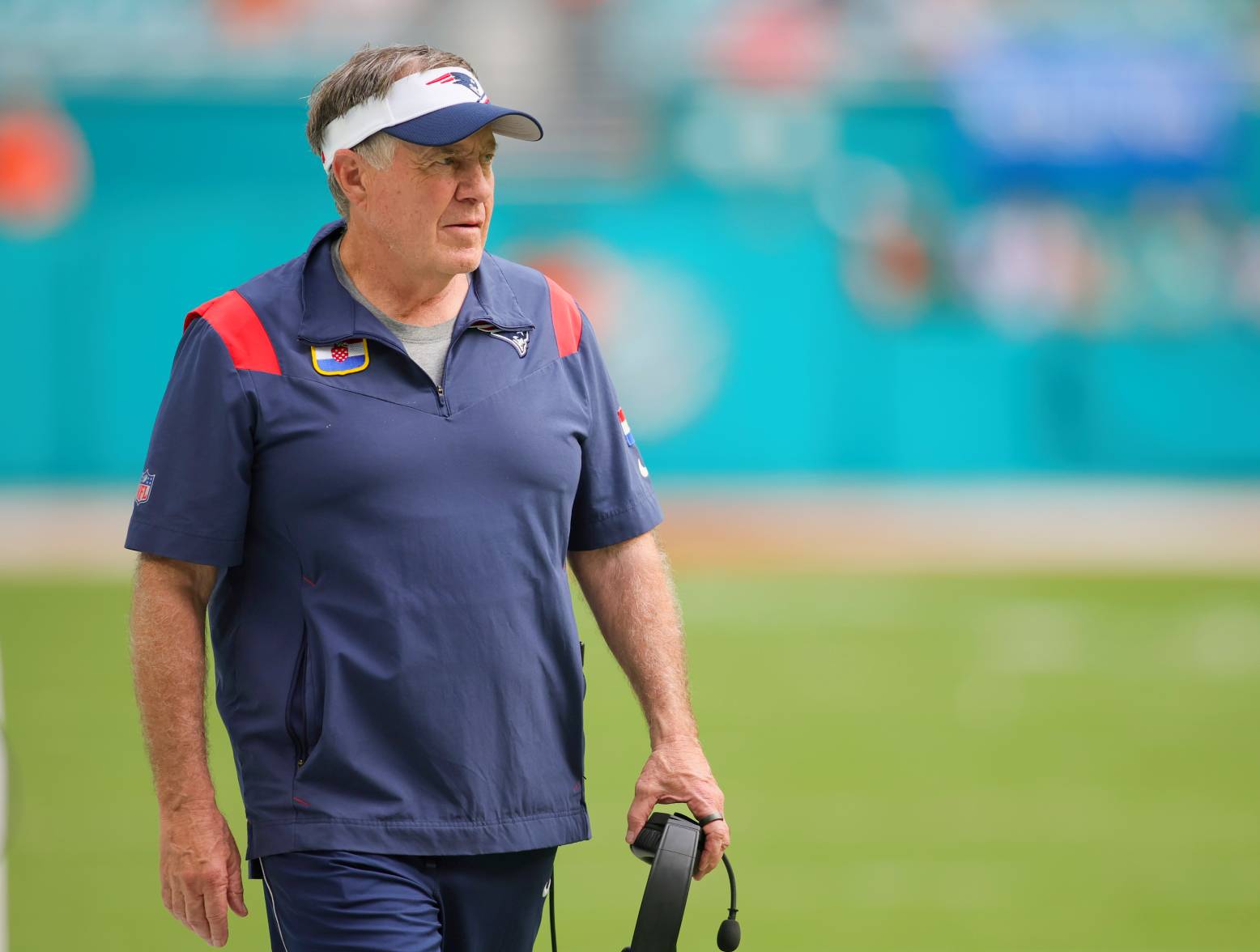 Oct 29, 2023; Miami Gardens, Florida, USA; New England Patriots head coach Bill Belichick watches from the sideline against the Miami Dolphins during the fourth quarter at Hard Rock Stadium. Credit: Sam Navarro-USA TODAY Sports