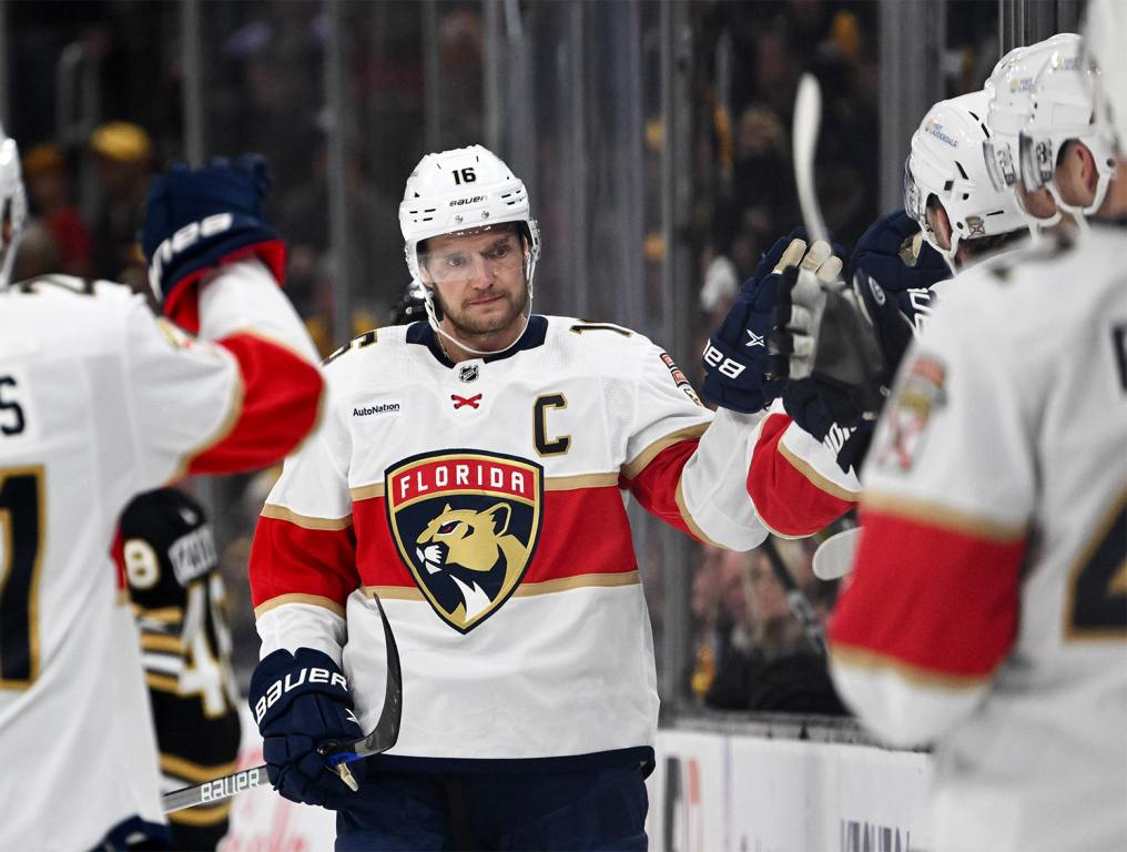 Oct 30, 2023; Boston, Massachusetts, USA; Florida Panthers center Aleksander Barkov (16) celebrates with teammates after scoring a goal against the Boston Bruins during the first period at the TD Garden. Mandatory Credit: Brian Fluharty-USA TODAY Sports